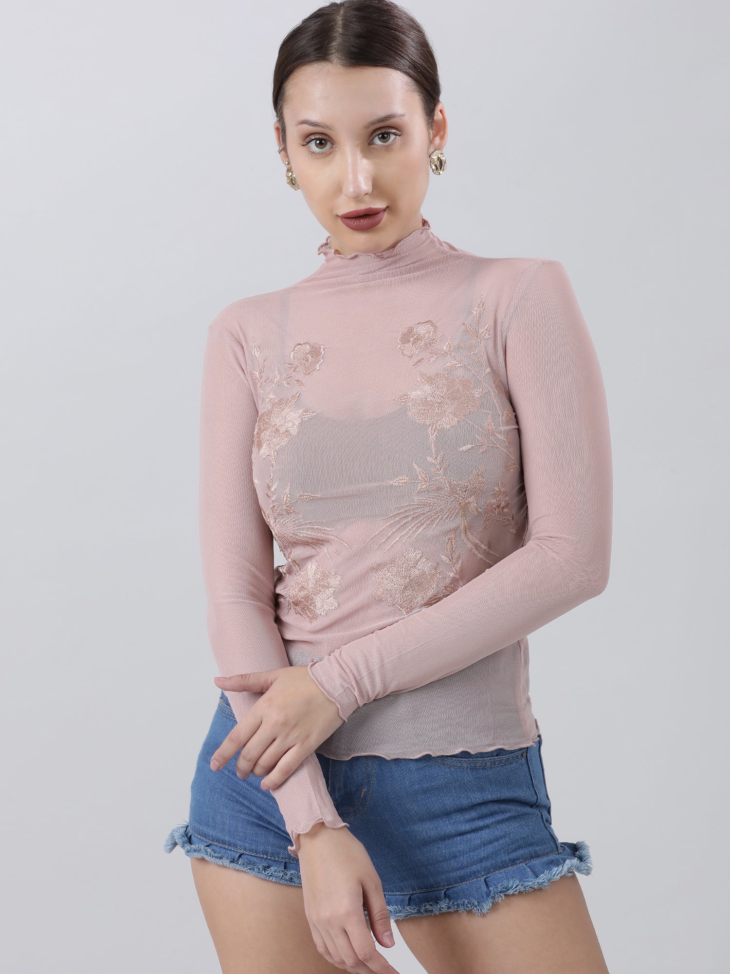 Women Slim Fit Embroidered High Neck Pink Top