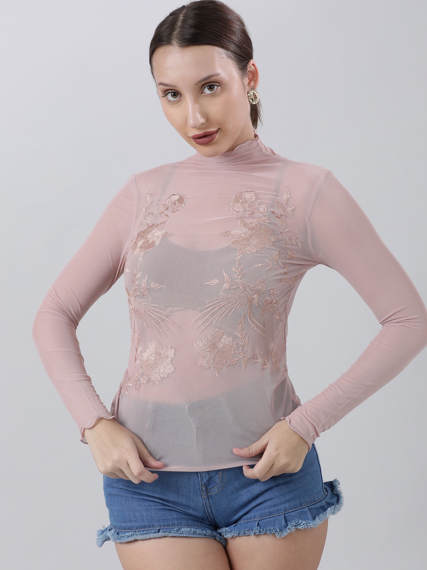 Women Slim Fit Embroidered High Neck Pink Top