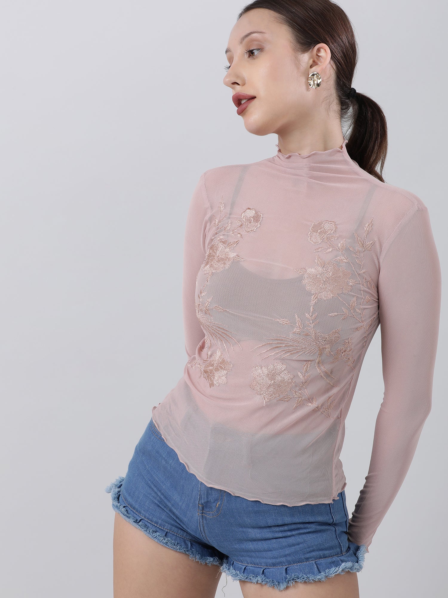 Women Slim Fit Embroidered High Neck Pink Top