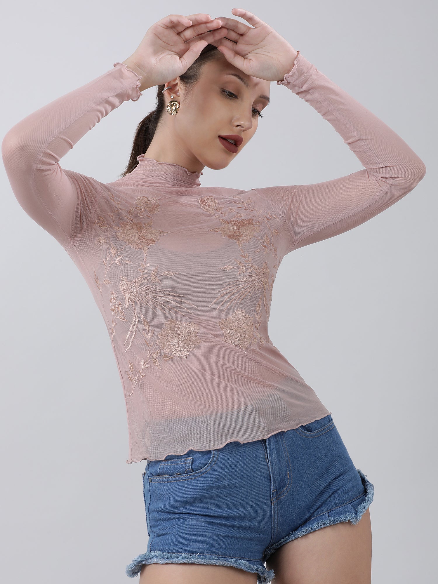 Women Slim Fit Embroidered High Neck Pink Top