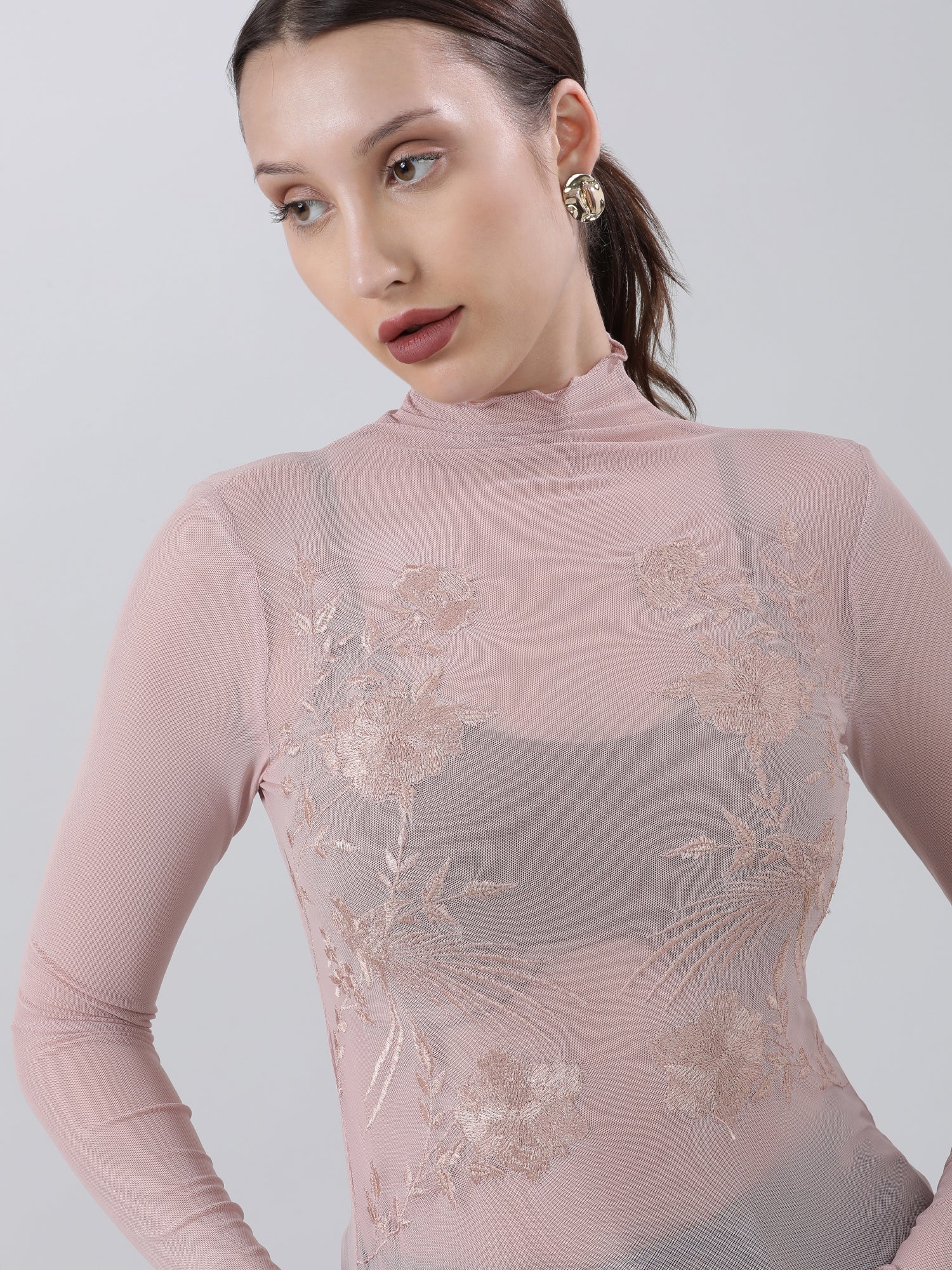 Women Slim Fit Embroidered High Neck Pink Top