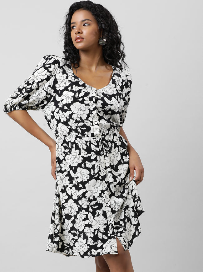 Women Retro Black And White Floral Dress