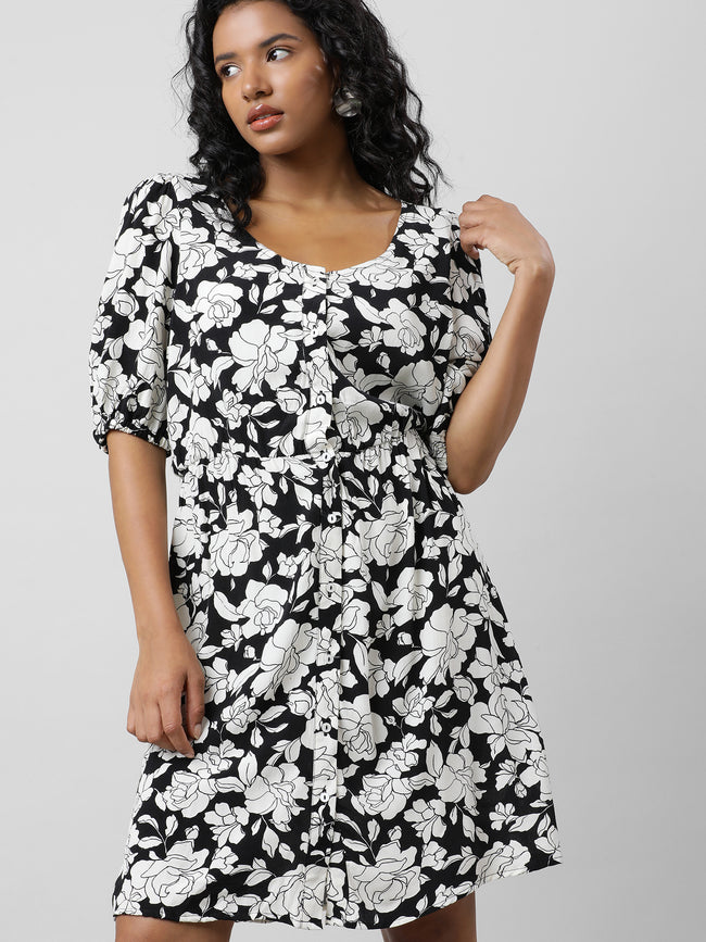 Women Retro Black And White Floral Dress