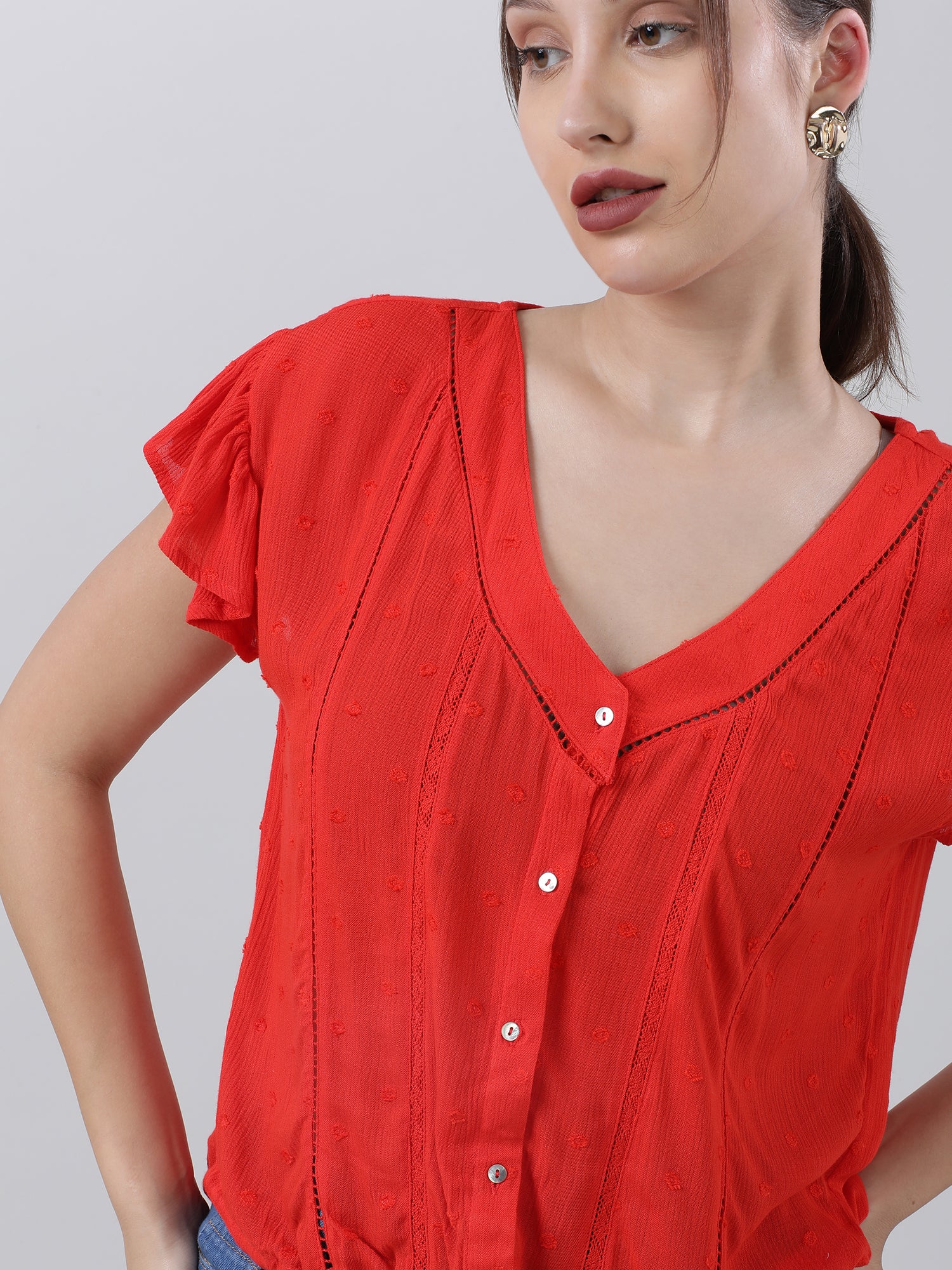 Women Regular Fit Red Button Down V Neck Top