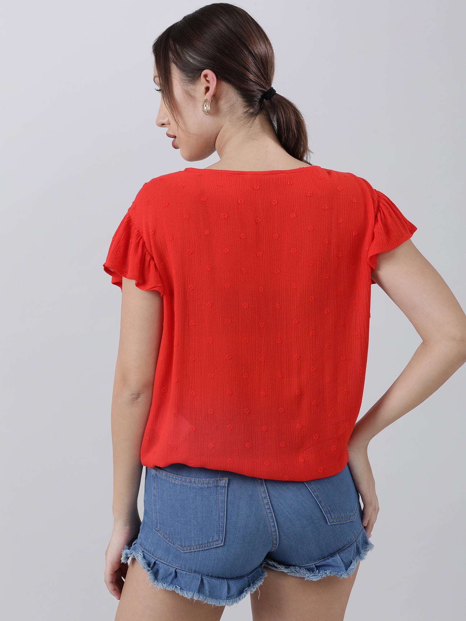 Women Regular Fit Red Button Down V Neck Top