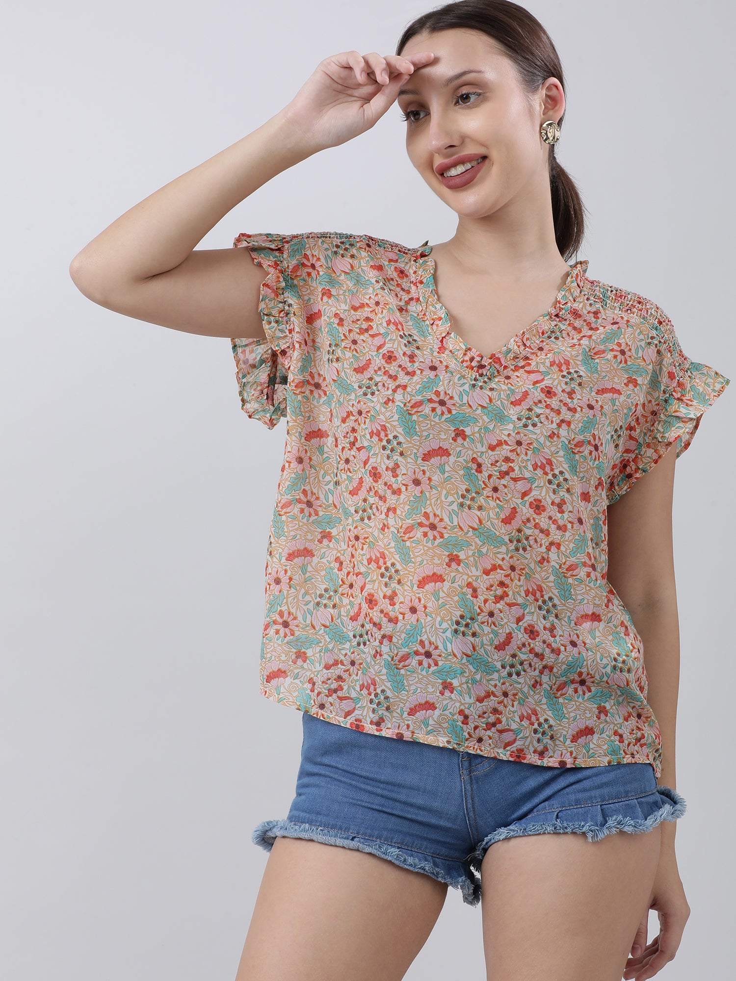 Women Regular Fit Orange Floral Print Top With Frills