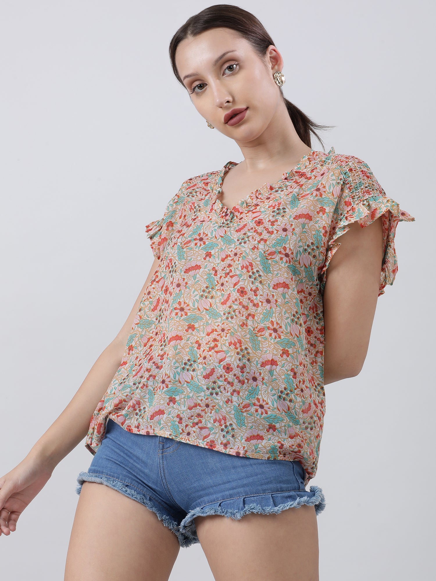 Women Regular Fit Orange Floral Print Top With Frills