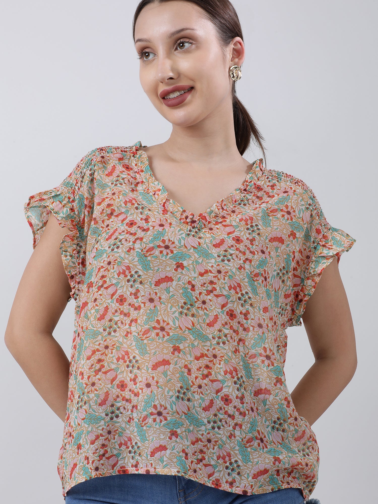 Women Regular Fit Orange Floral Print Top With Frills