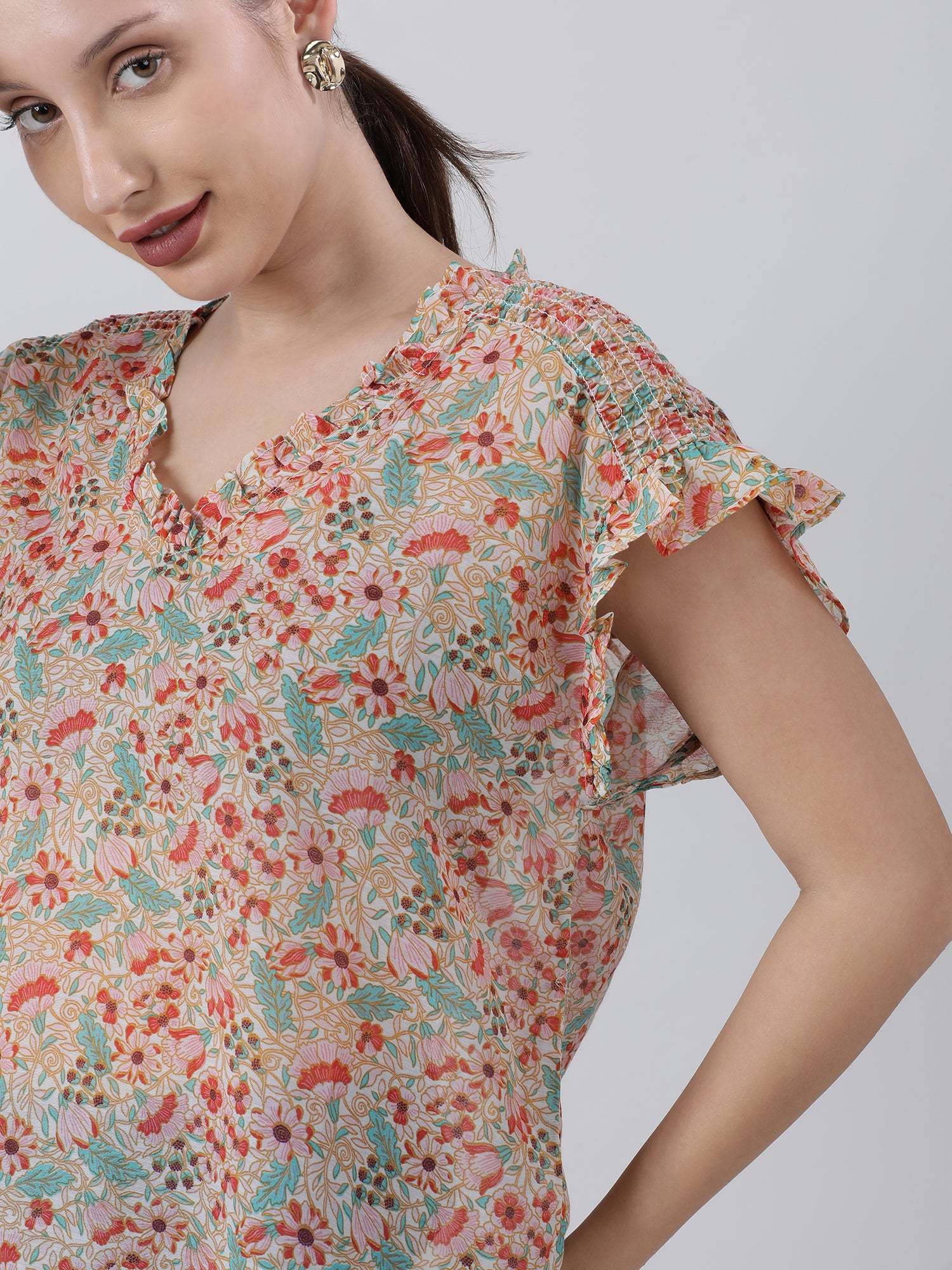 Women Regular Fit Orange Floral Print Top With Frills