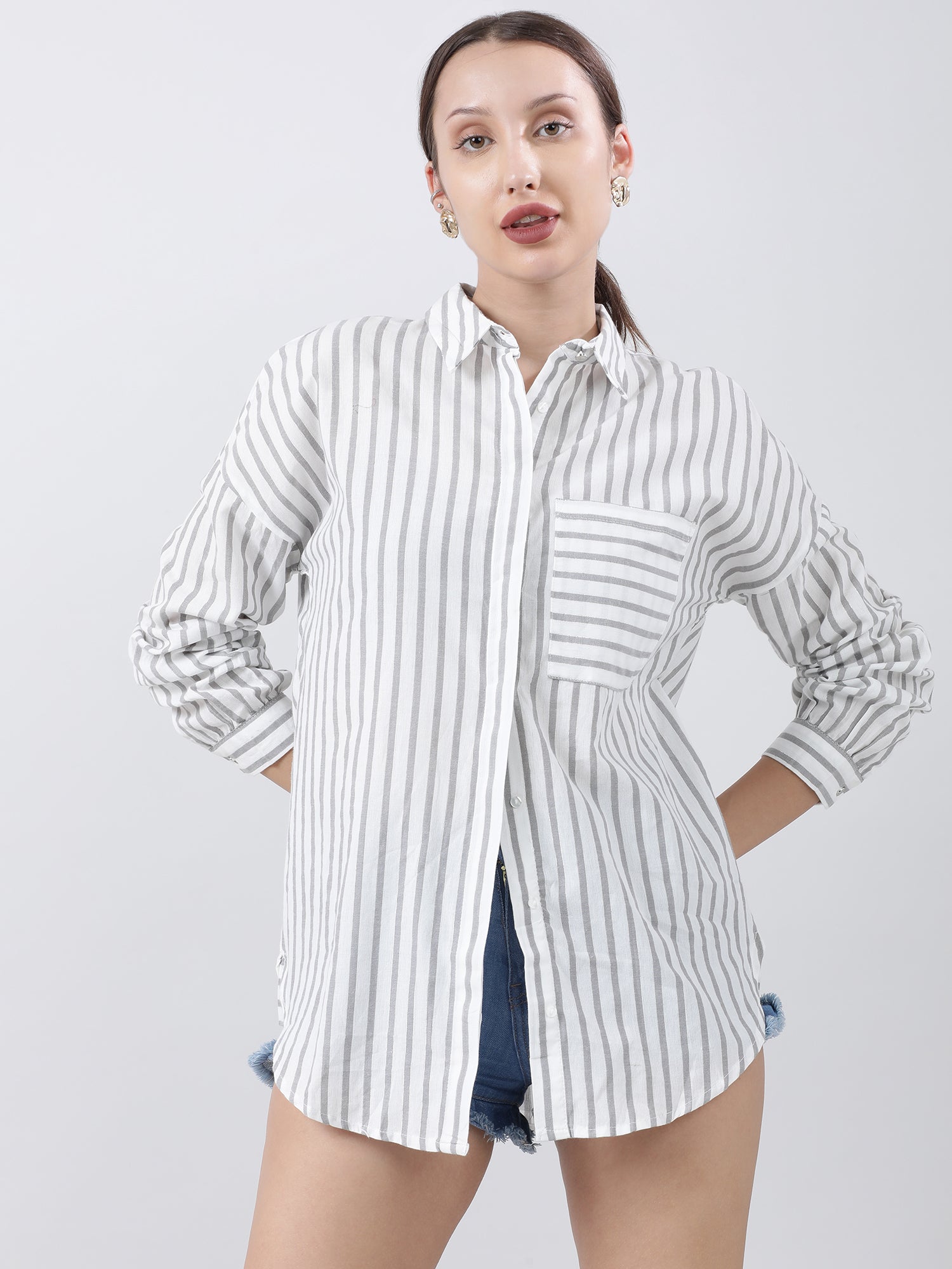 Women Regular Fit Striped Grey Shirt With Patch Pockets