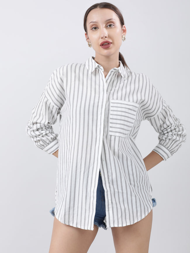 Women Grey Striped Shirt with Patch Pockets