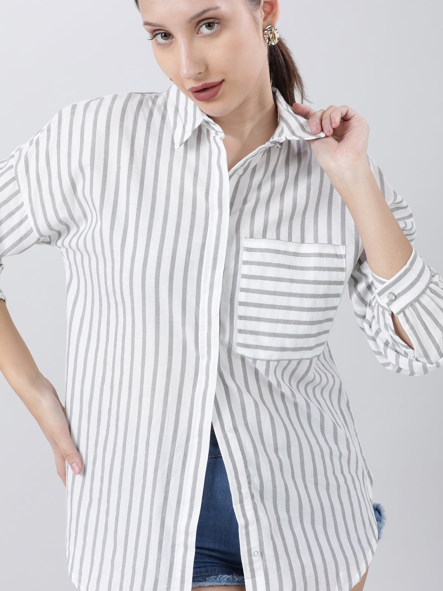 Women Regular Fit Striped Grey Shirt With Patch Pockets