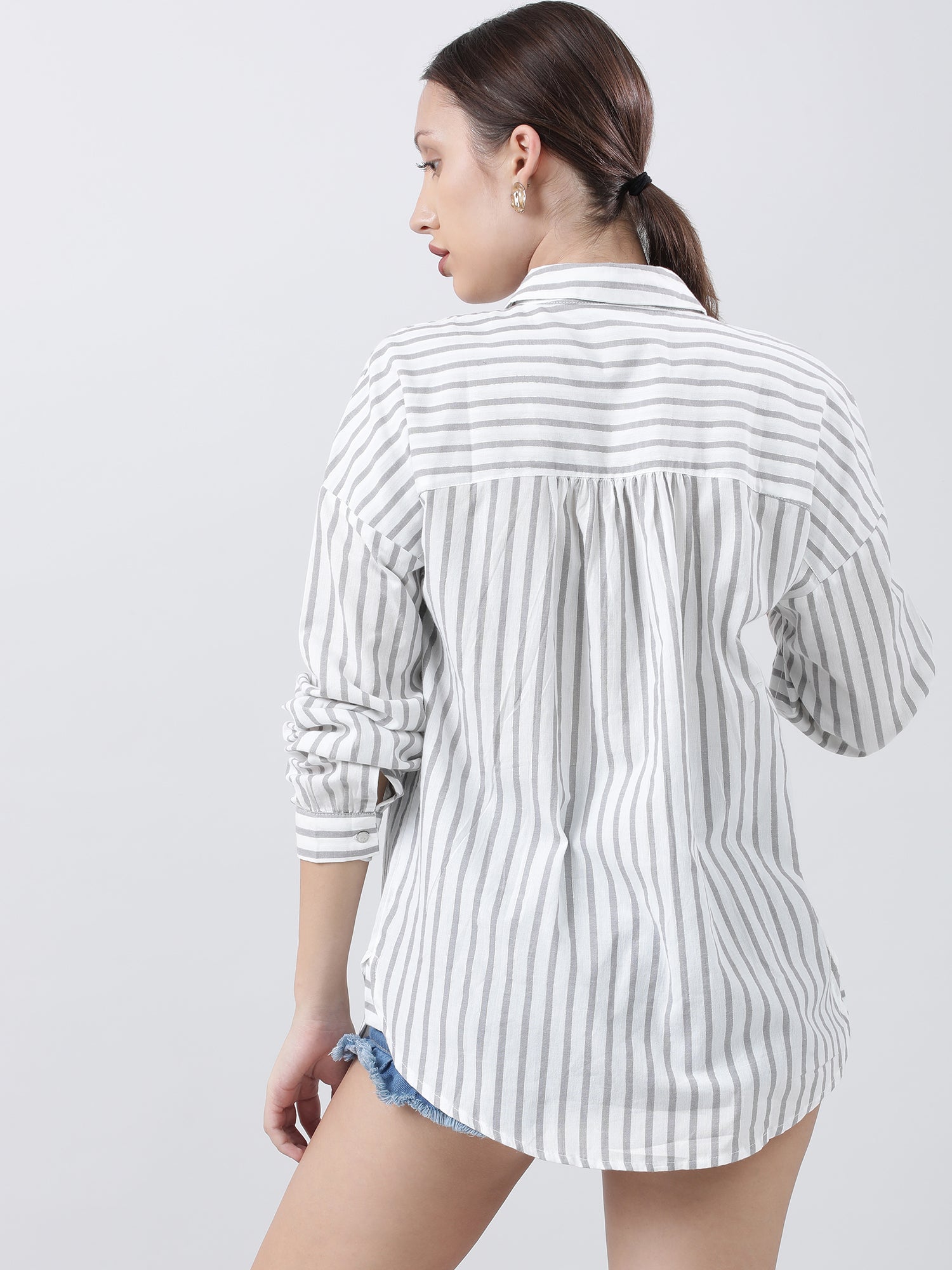 Women Regular Fit Striped Grey Shirt With Patch Pockets