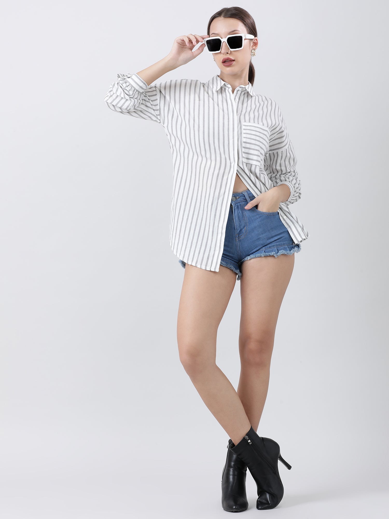 Women Regular Fit Striped Grey Shirt With Patch Pockets