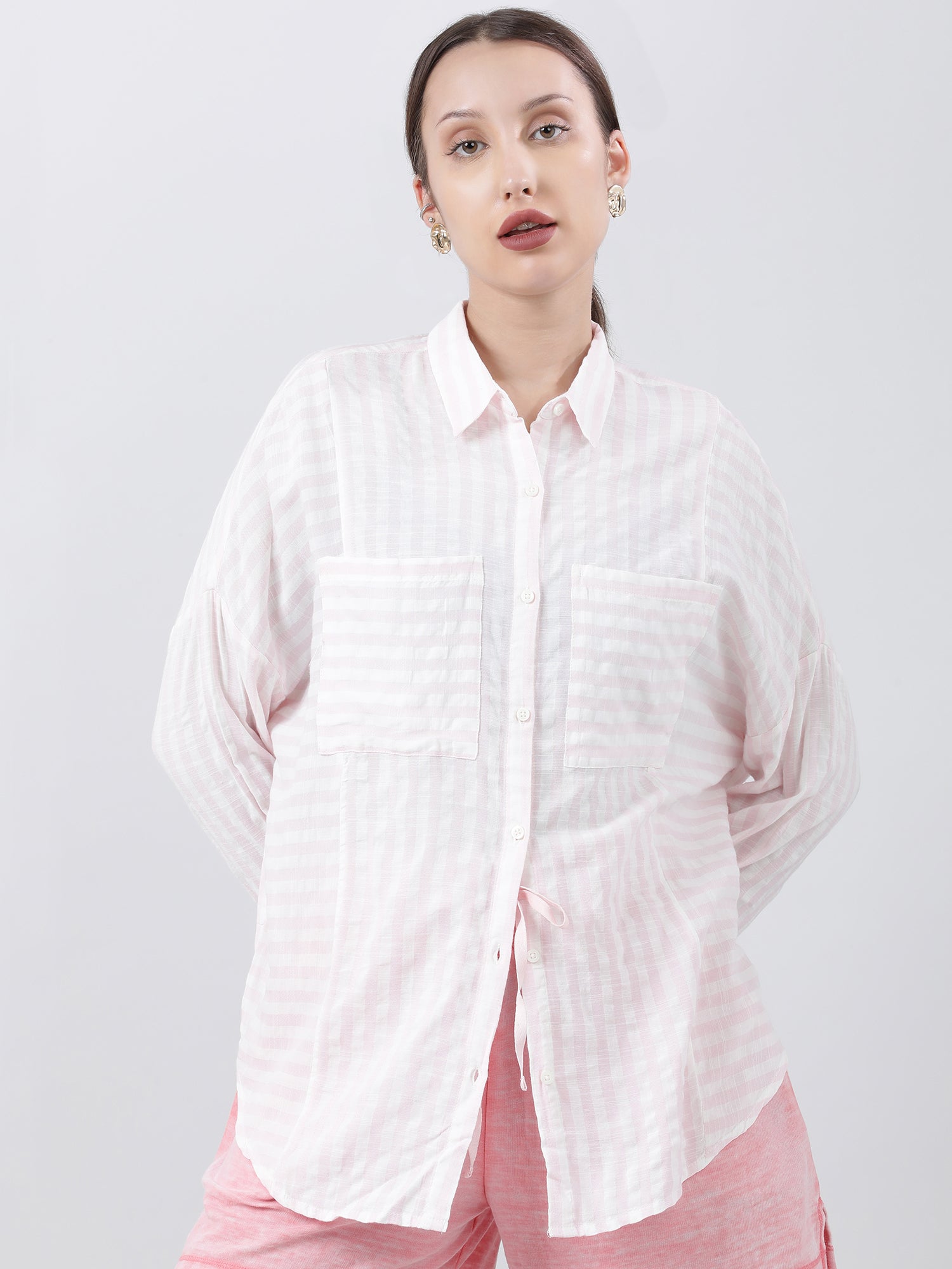 Women Relaxed Fit Striped Pink Shirt