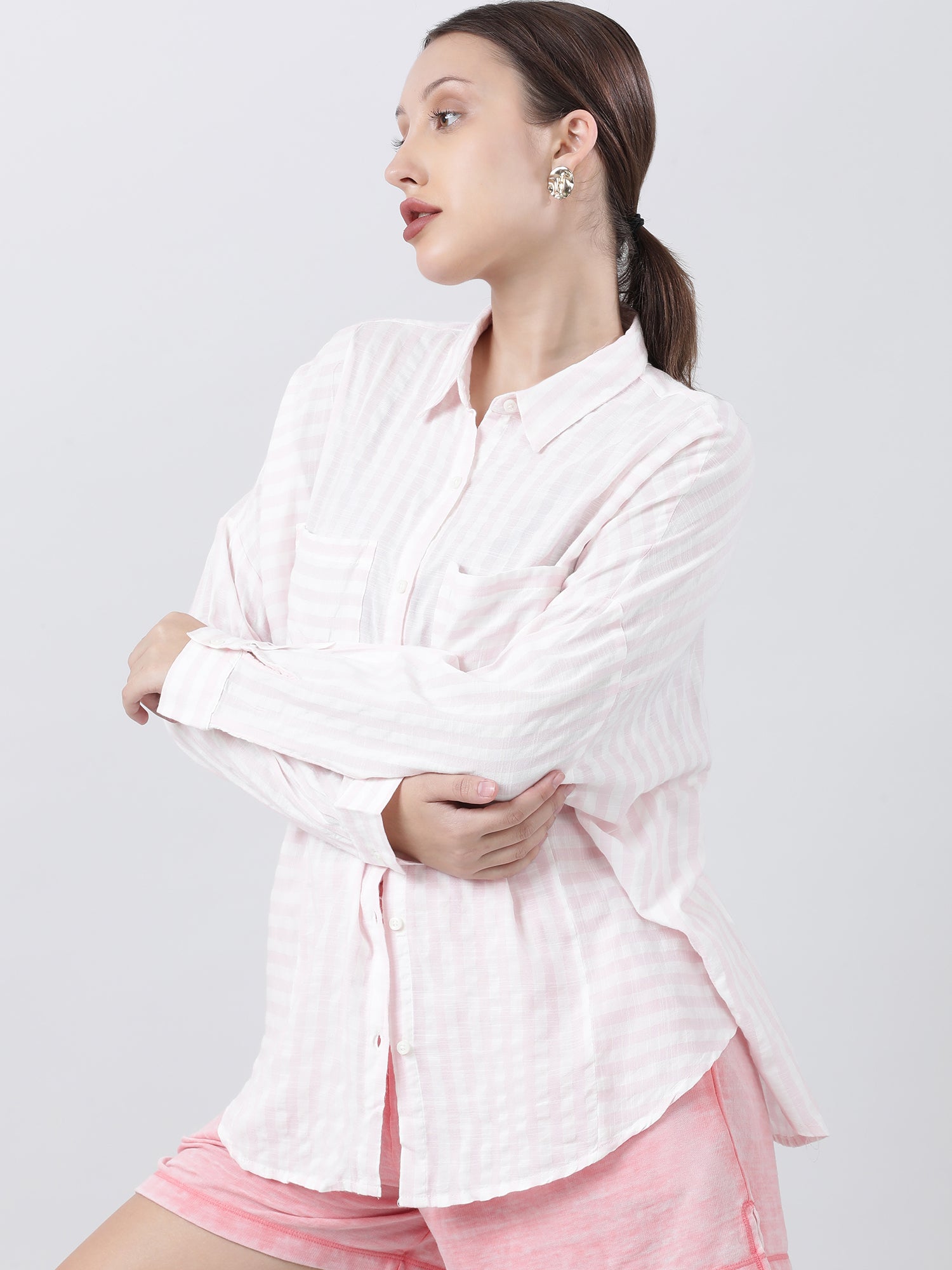 Women Relaxed Fit Striped Pink Shirt