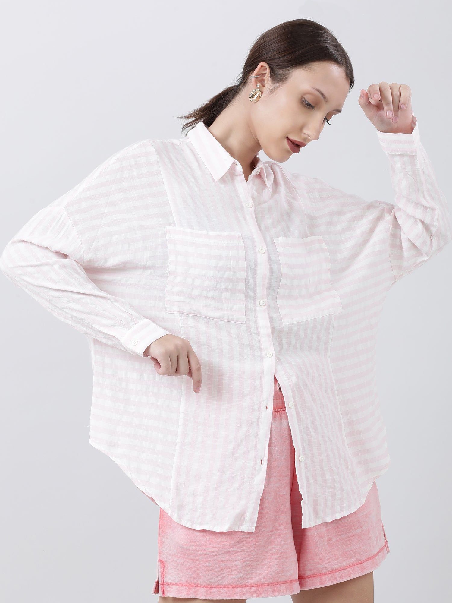 Women Relaxed Fit Striped Pink Shirt