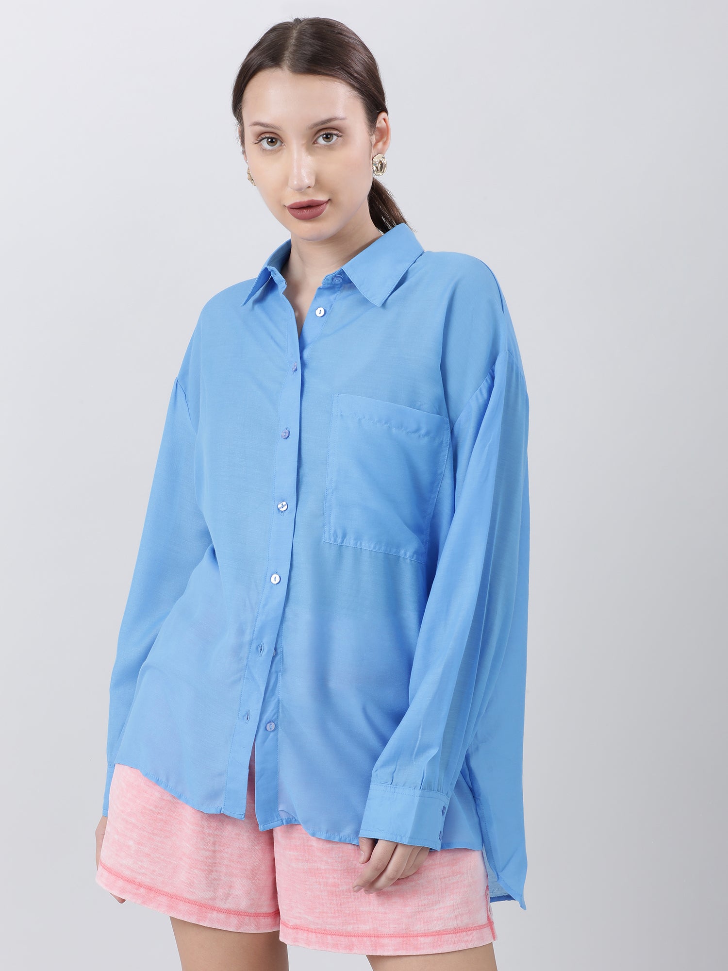 Women Regular Fit Blue Drop Shoulder Shirt With Patch Pocket