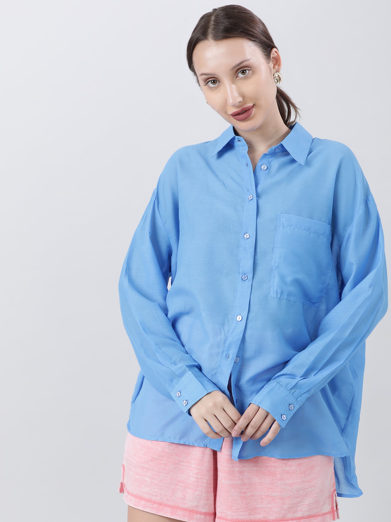 Women Regular Fit Blue Drop Shoulder Shirt With Patch Pocket