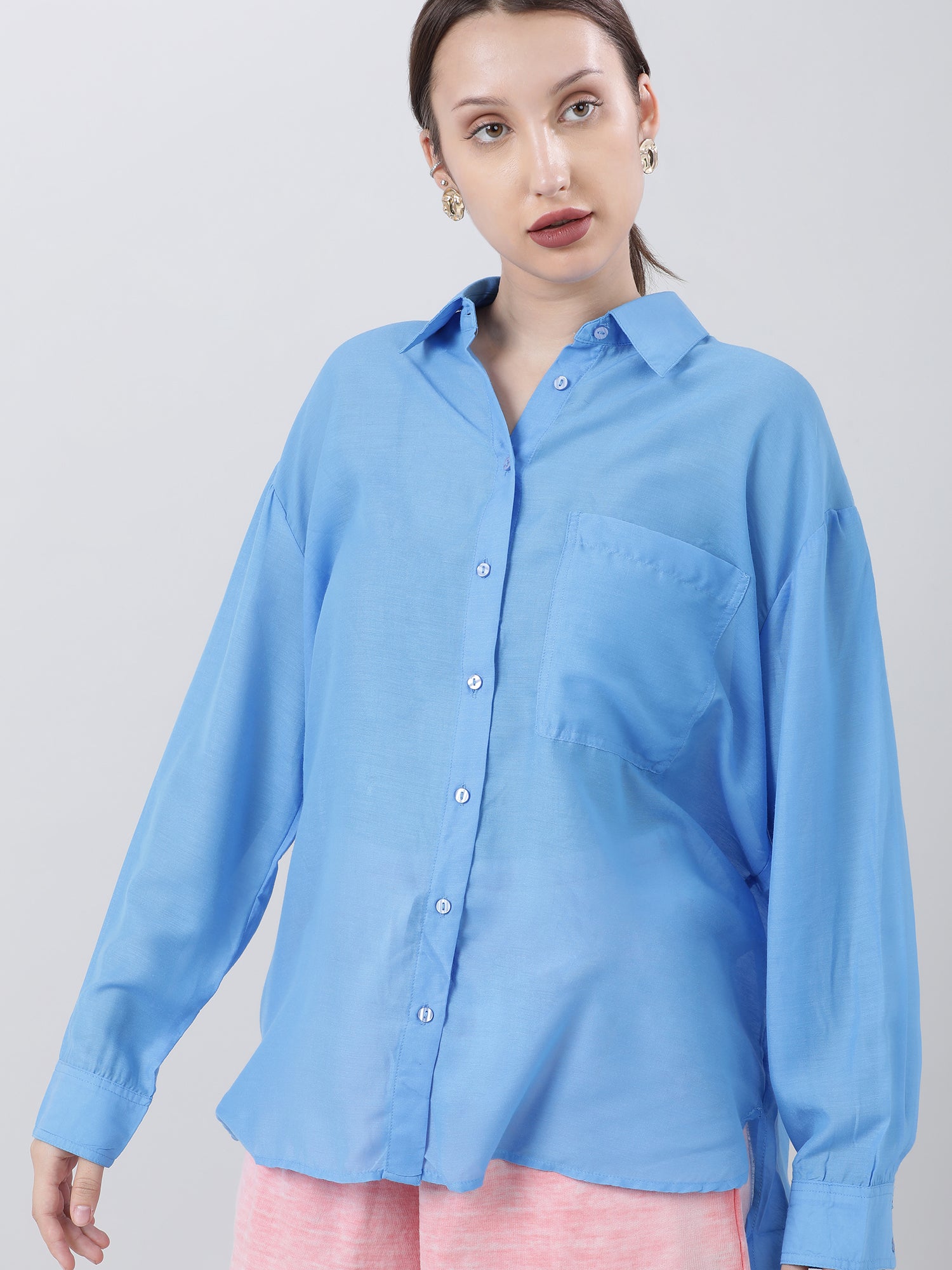 Women Regular Fit Blue Drop Shoulder Shirt With Patch Pocket