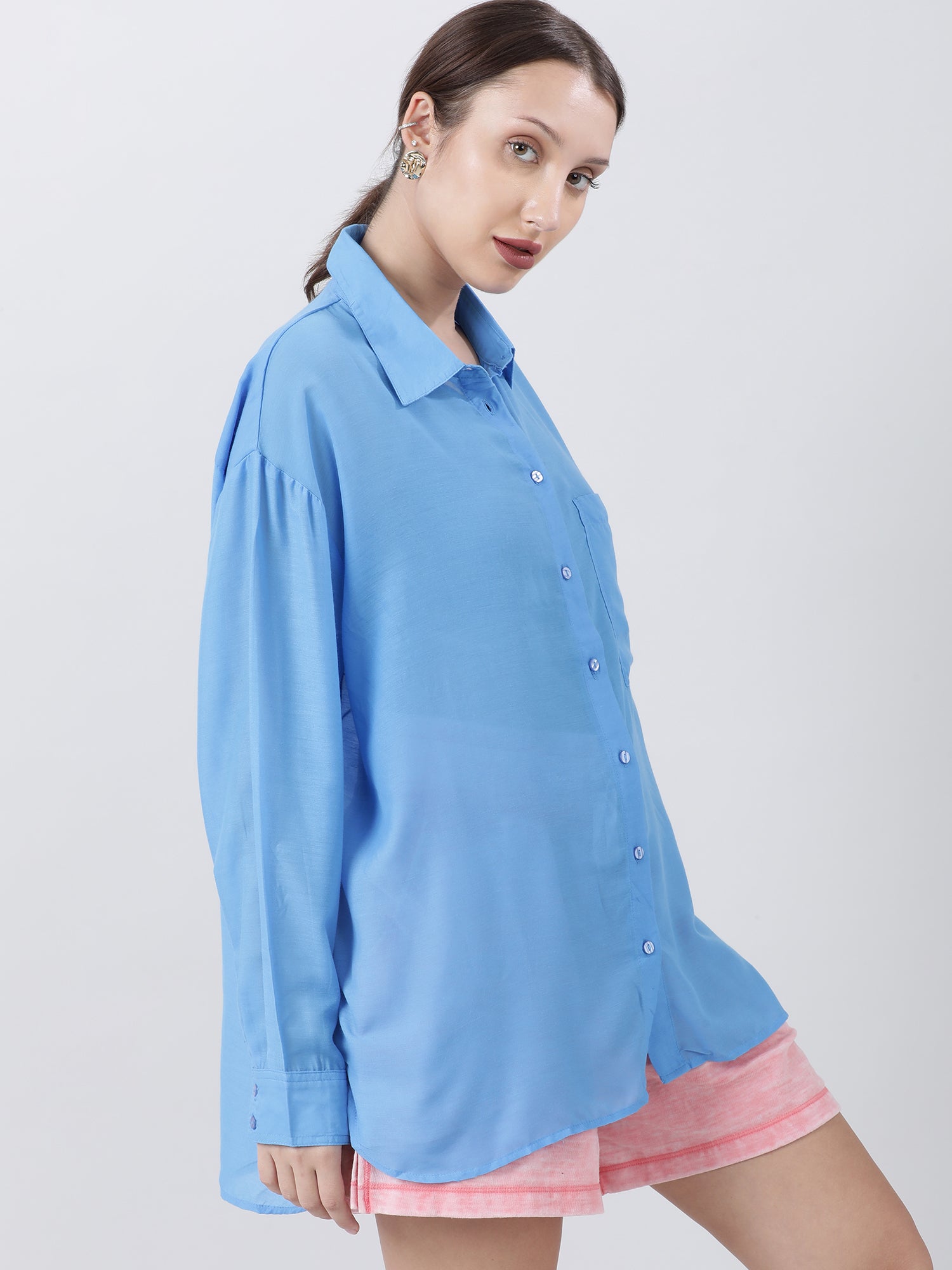 Women Regular Fit Blue Drop Shoulder Shirt With Patch Pocket