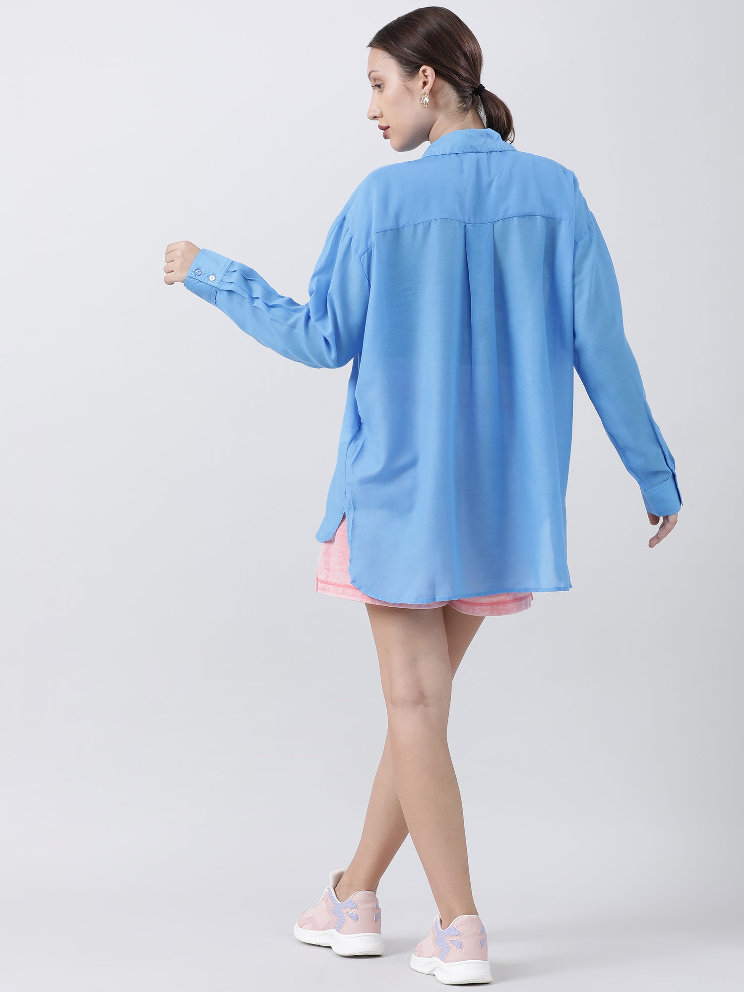 Women Regular Fit Blue Drop Shoulder Shirt With Patch Pocket