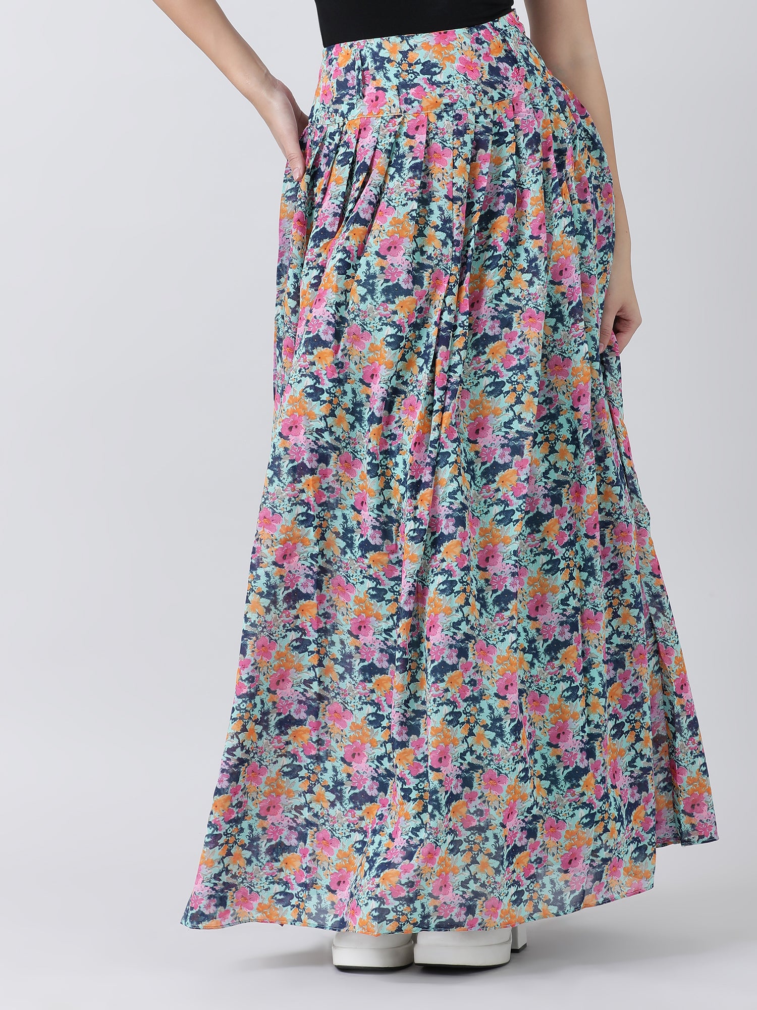 floral print blue maxi skirt