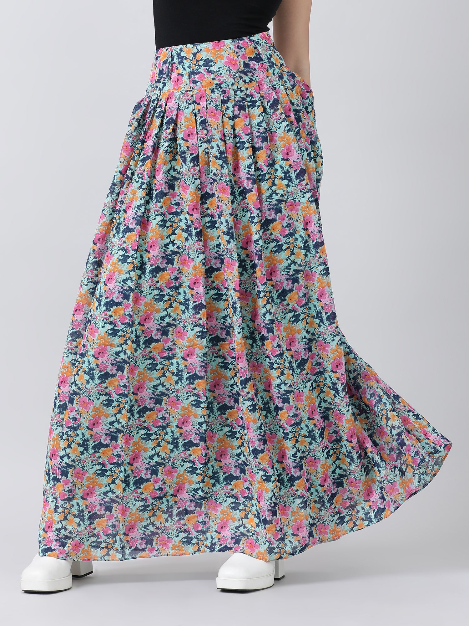 Women Relaxed Fit Floral Print Blue Maxi Skirt