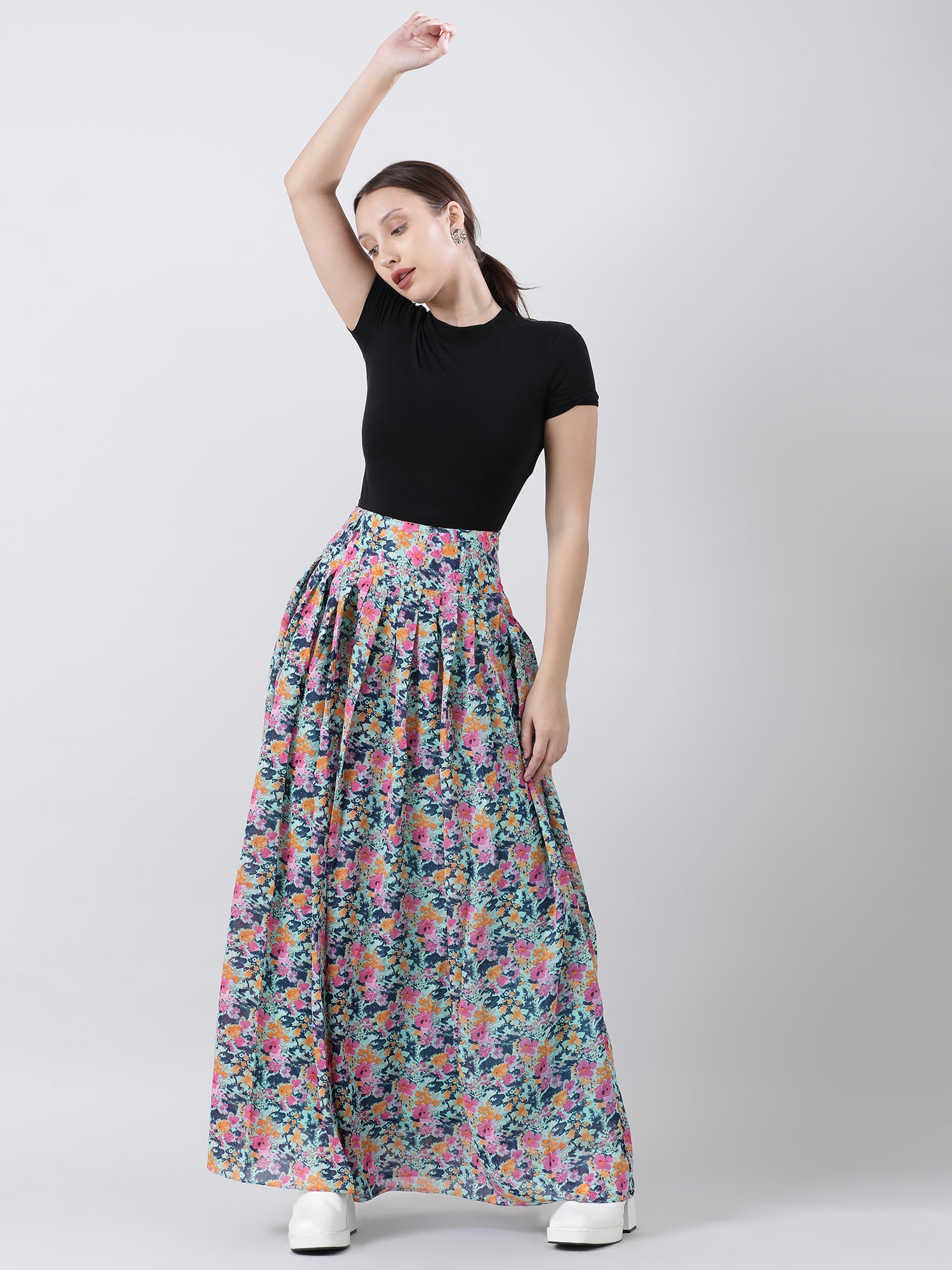 floral print blue maxi skirt