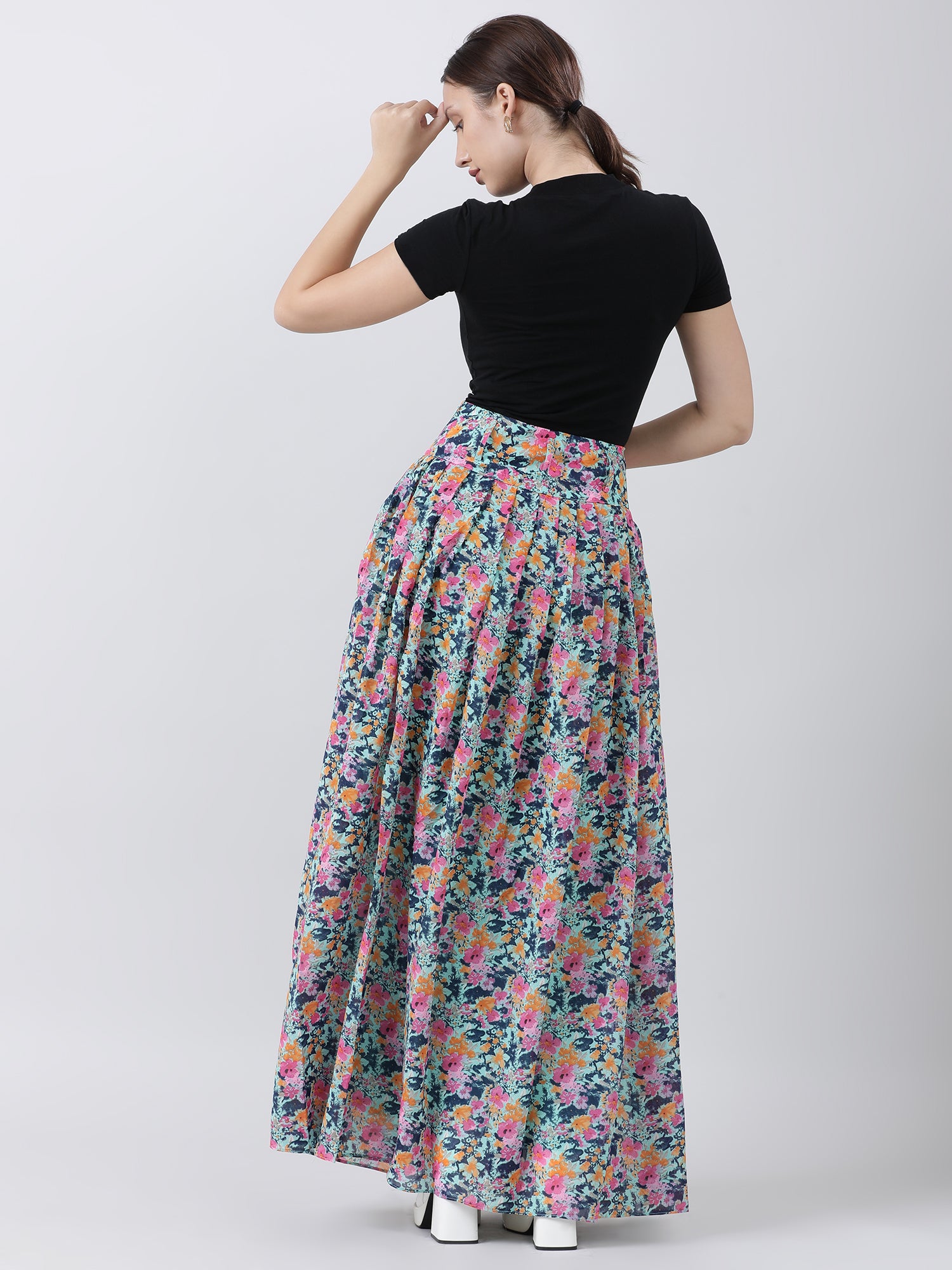 Women Relaxed Fit Floral Print Blue Maxi Skirt