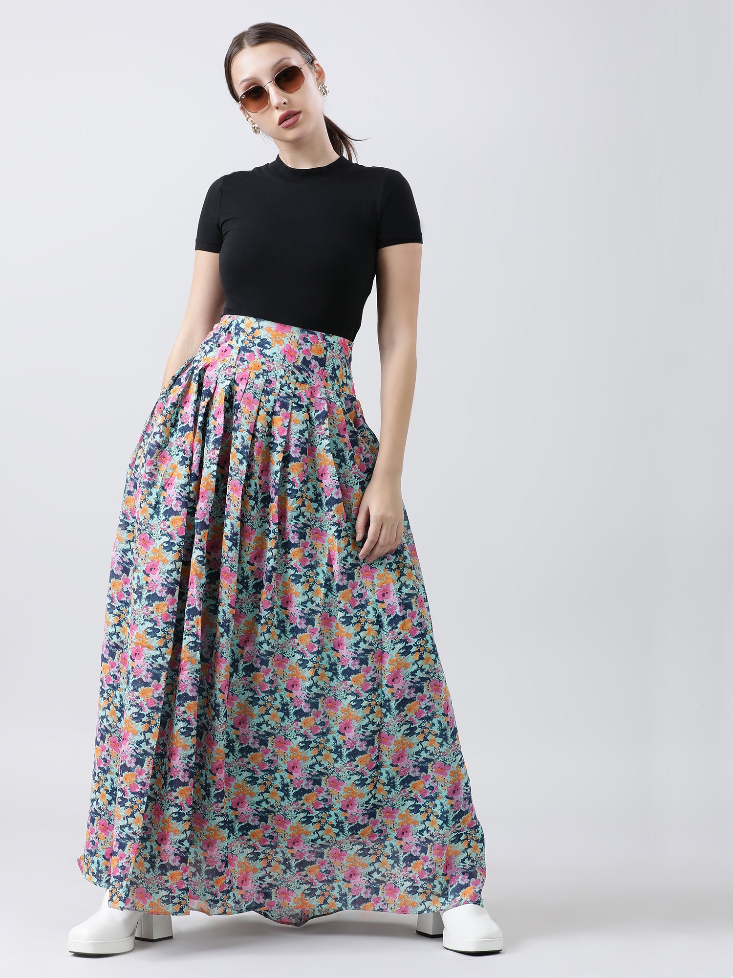 Women Relaxed Fit Floral Print Blue Maxi Skirt