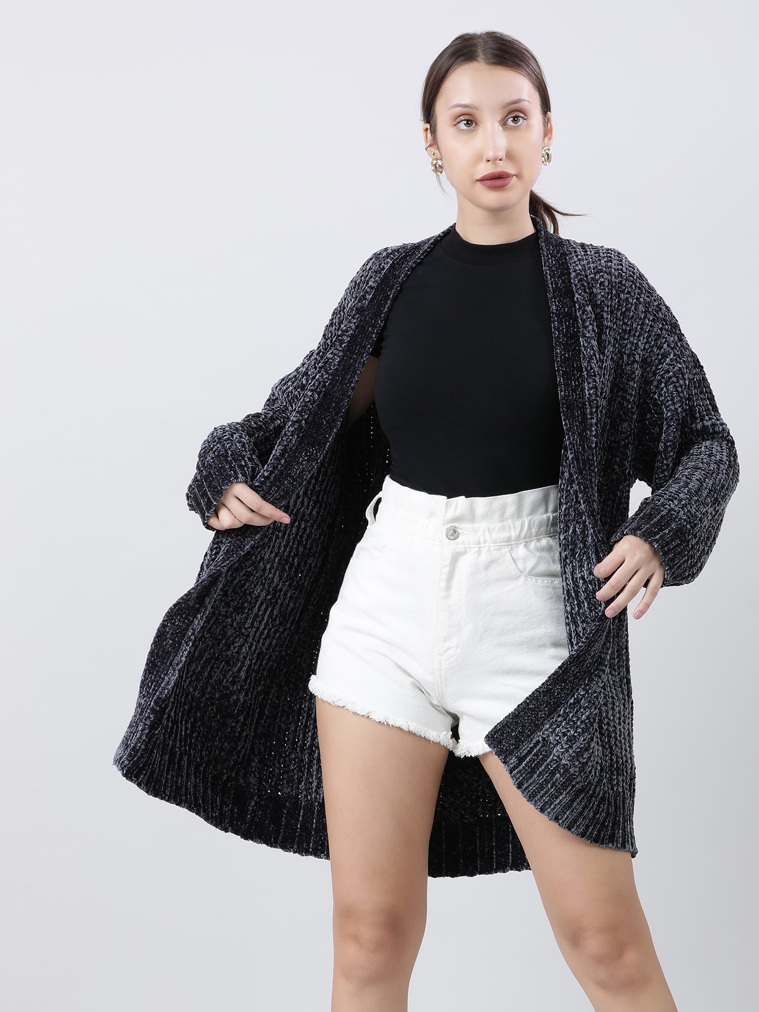 Women Relaxed Fit Dark Grey Front Open Knitted Shrug