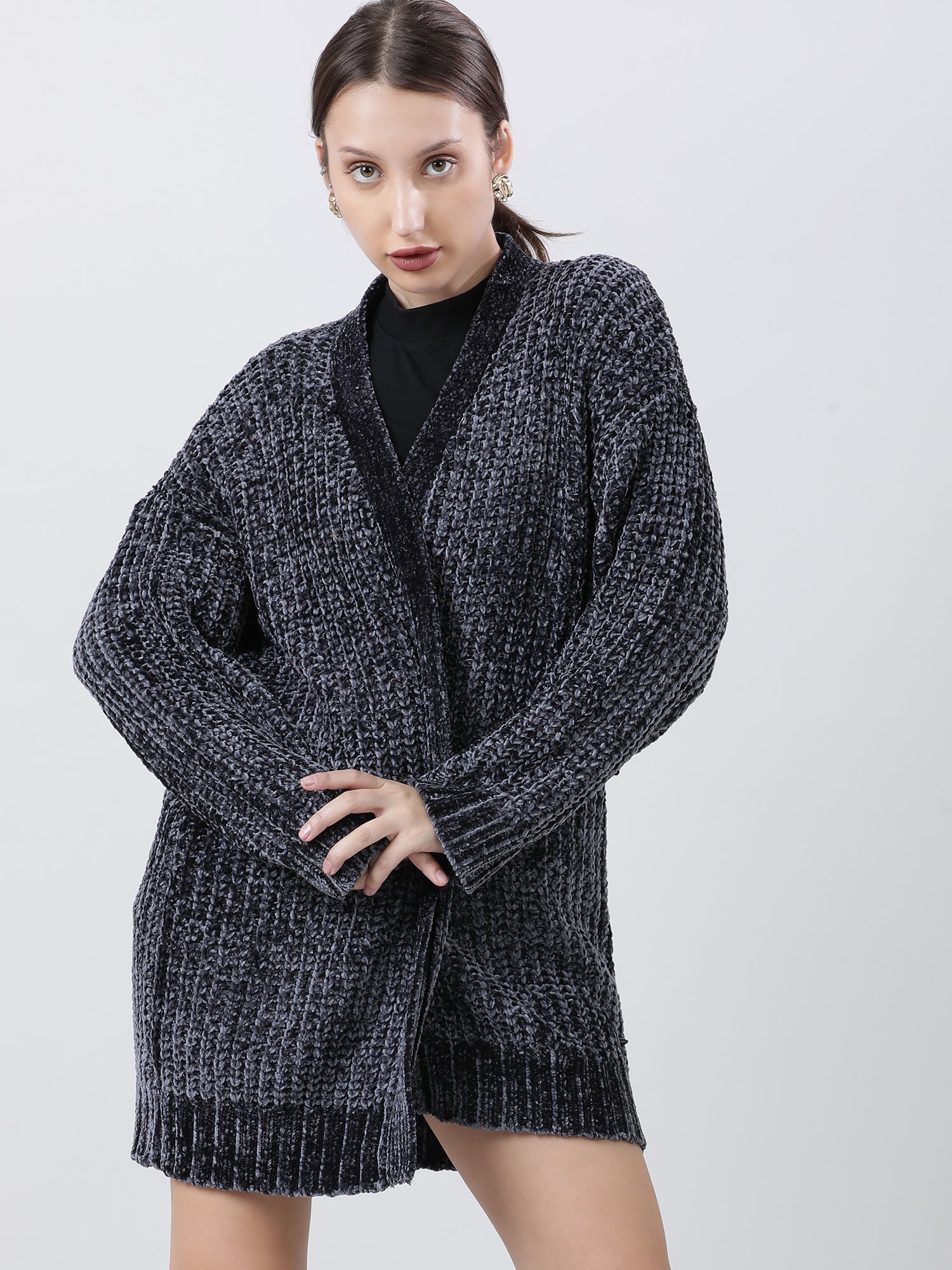 Women Relaxed Fit Dark Grey Front Open Knitted Shrug