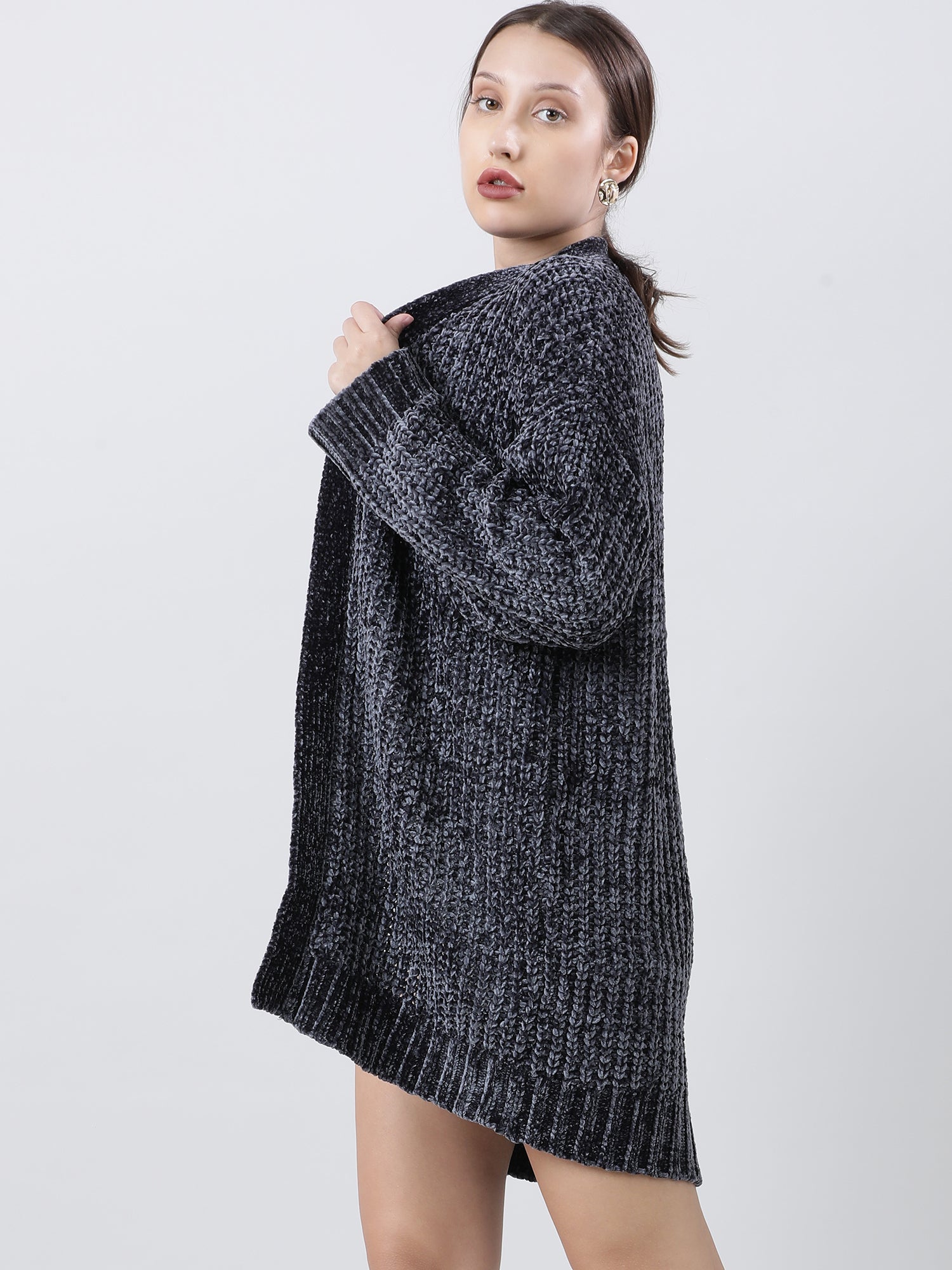 Women Relaxed Fit Dark Grey Front Open Knitted Shrug