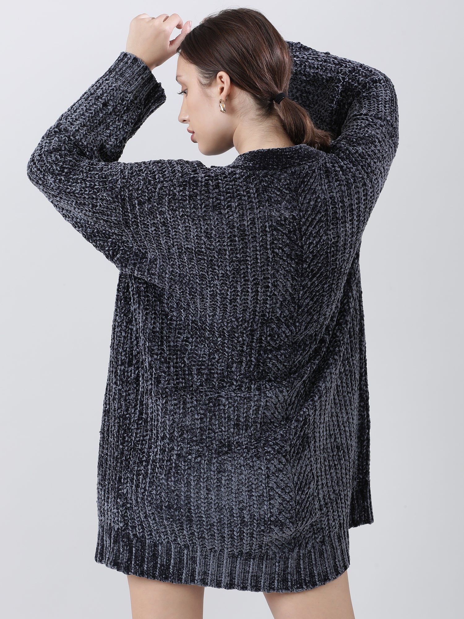 Women Relaxed Fit Dark Grey Front Open Knitted Shrug