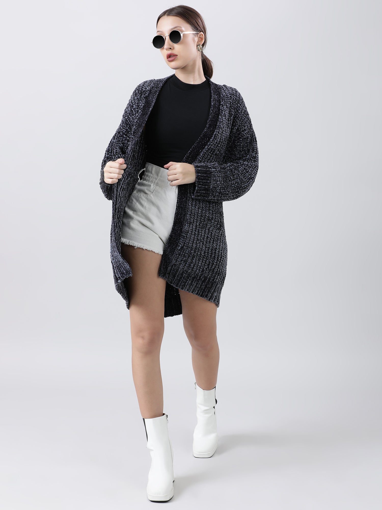 Women Relaxed Fit Dark Grey Front Open Knitted Shrug