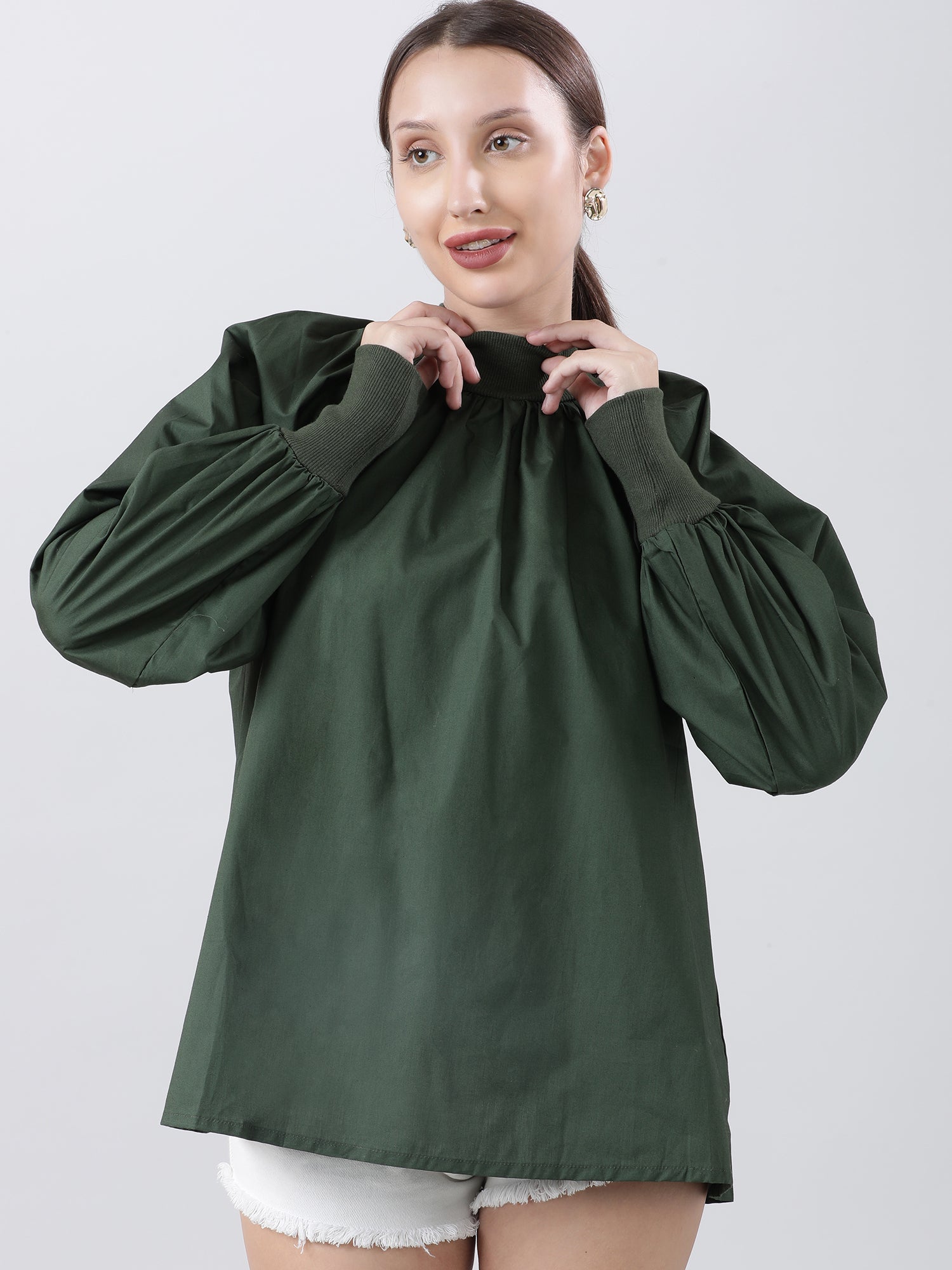 Women Regular Fit Green High Neck Top With Puffed Sleeves