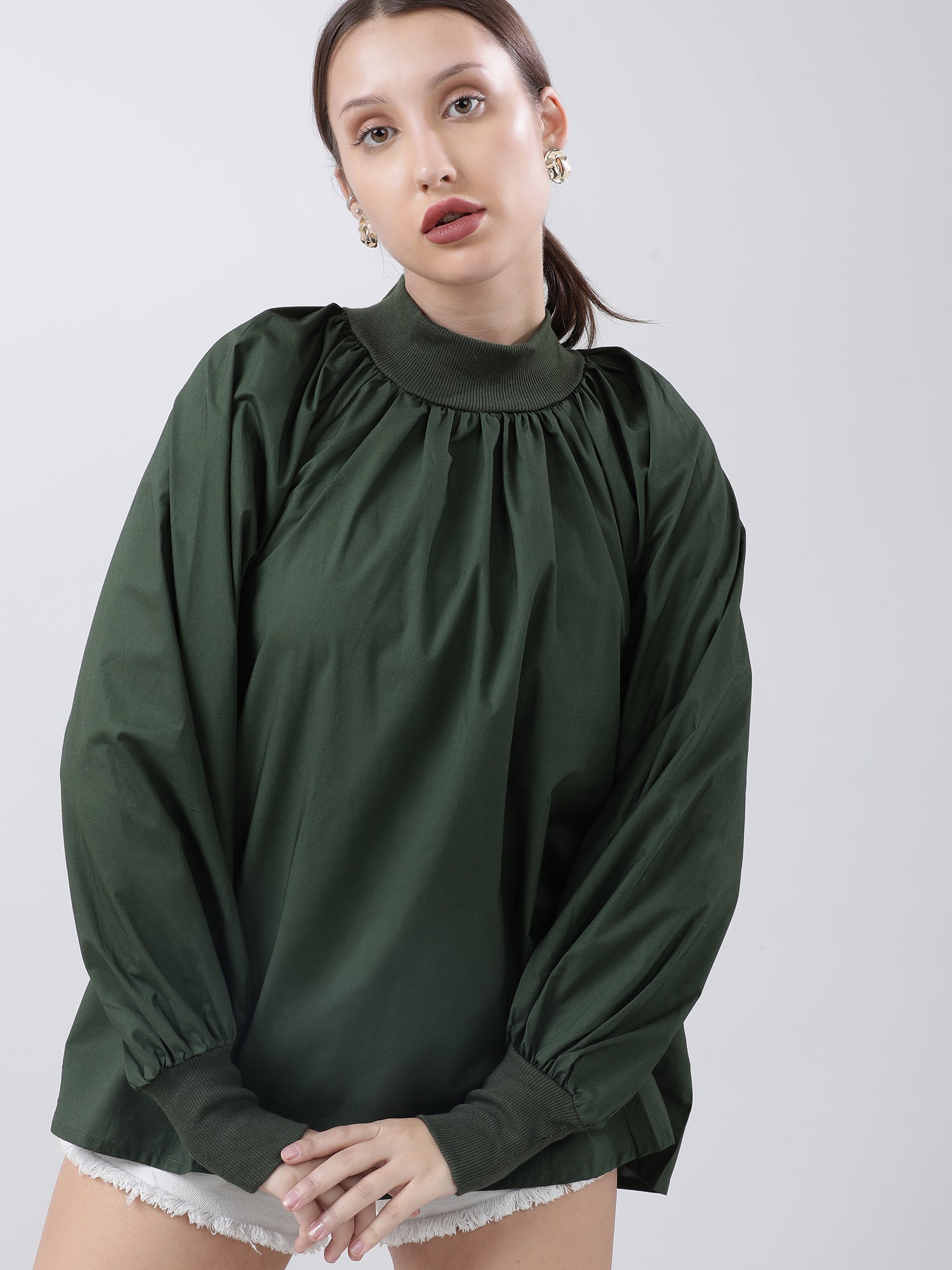 Women Regular Fit Green High Neck Top With Puffed Sleeves