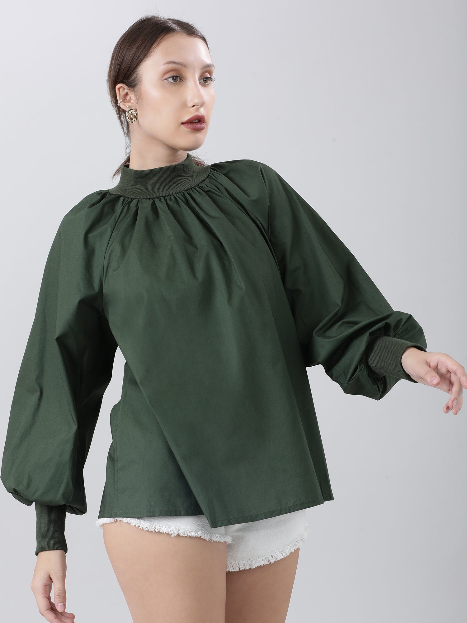 Women Regular Fit Green High Neck Top With Puffed Sleeves