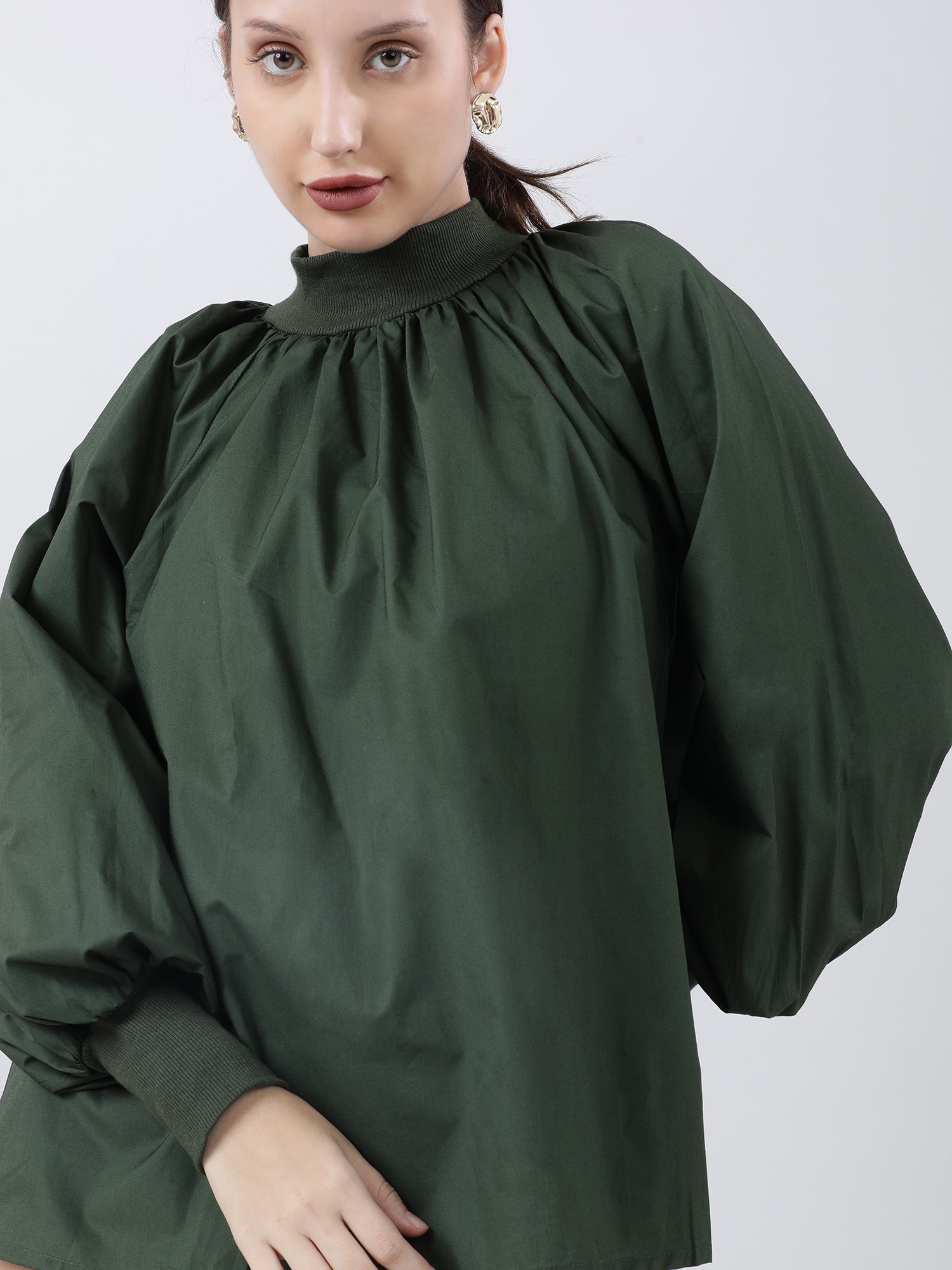 Women Regular Fit Green High Neck Top With Puffed Sleeves