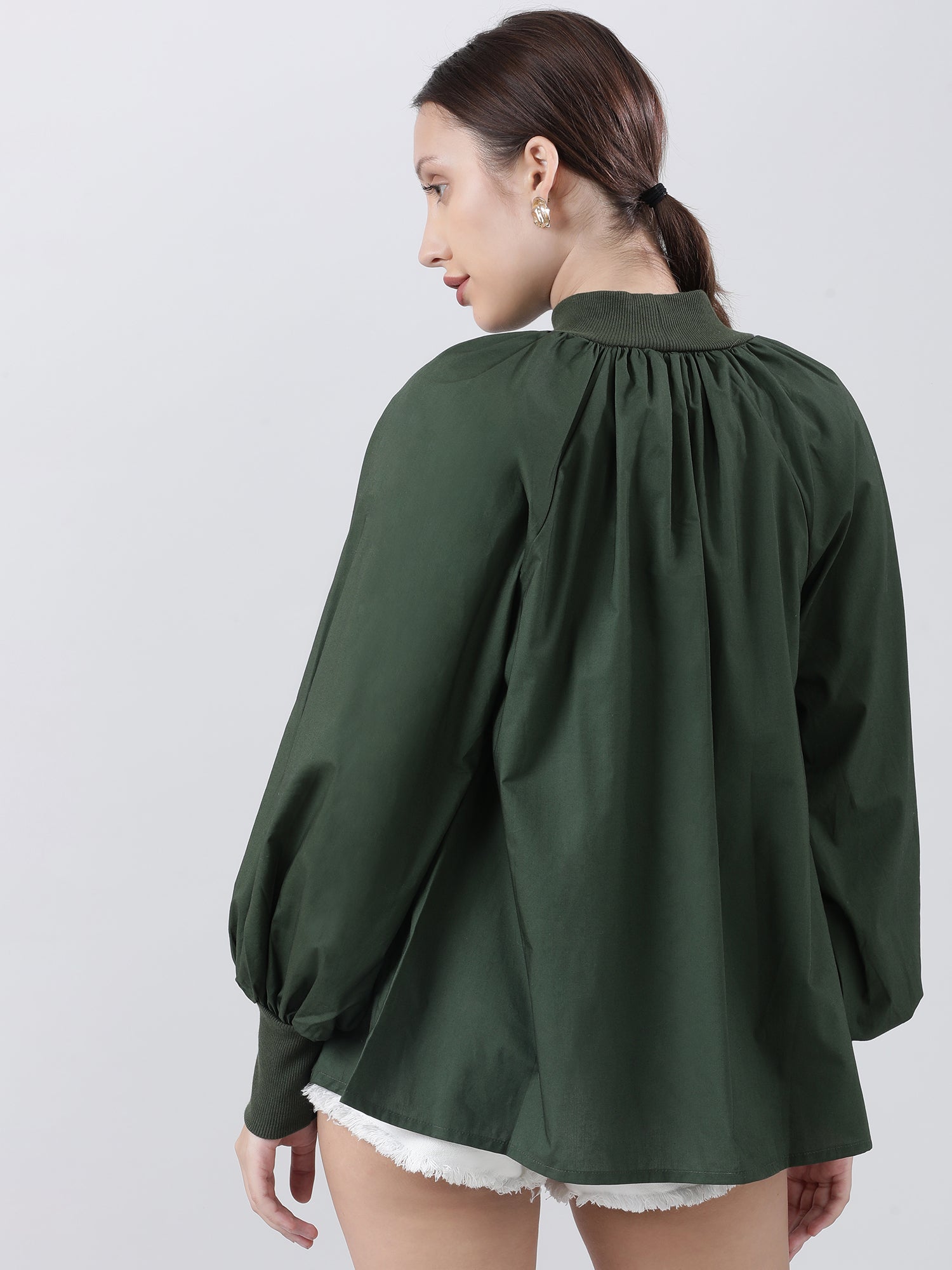 Women Regular Fit Green High Neck Top With Puffed Sleeves