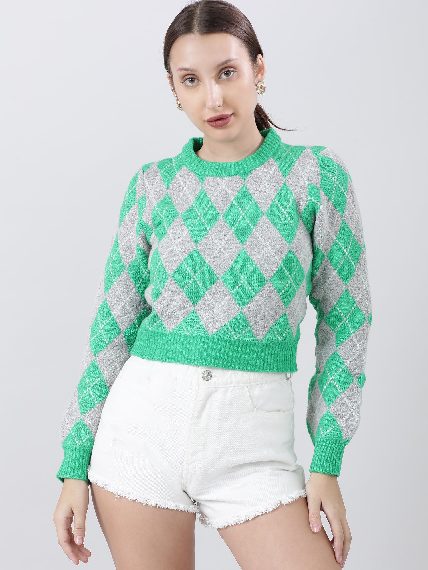 Women Slim Fit Green Geometric Sweater