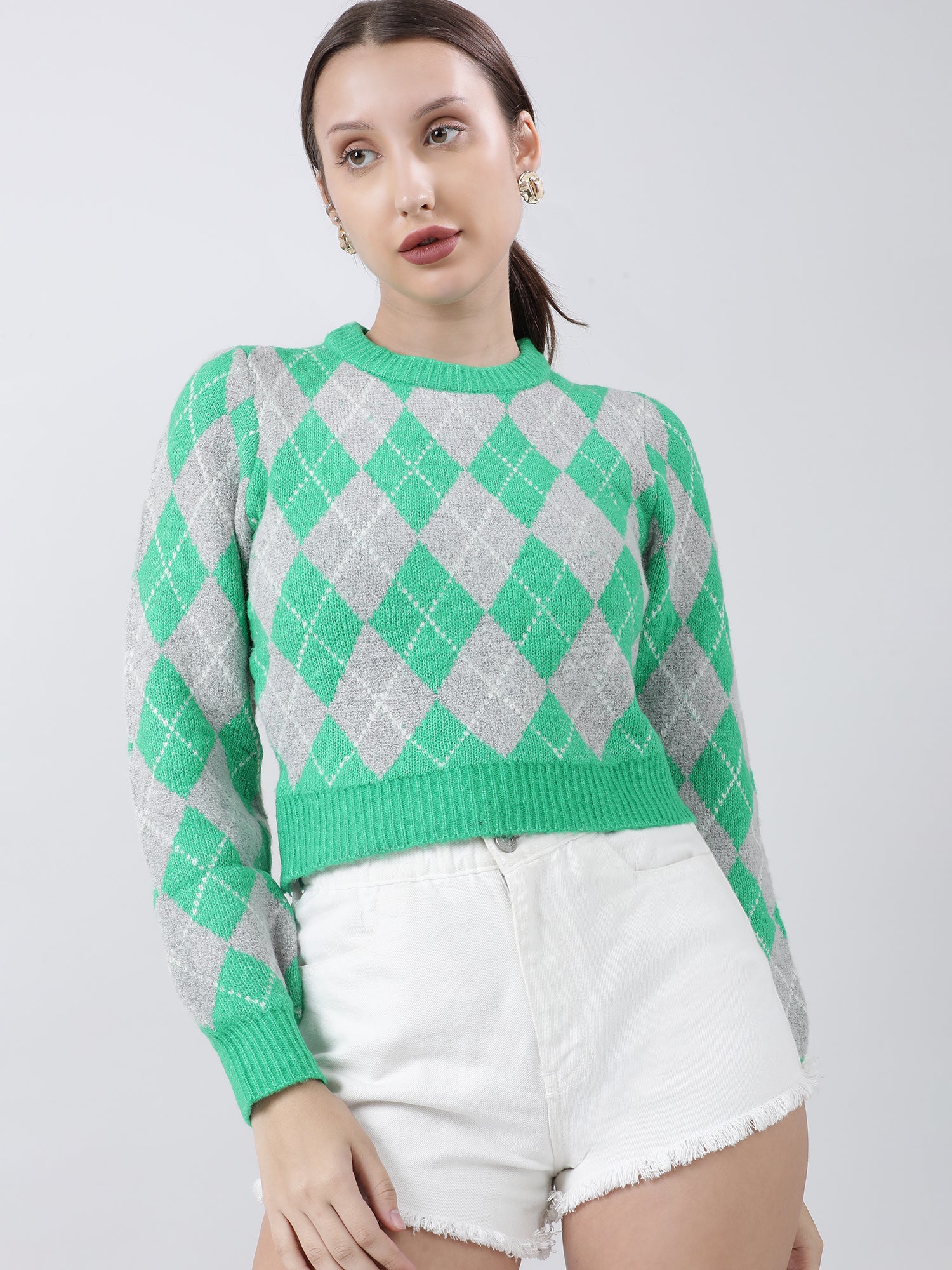 Women Slim Fit Green Geometric Sweater