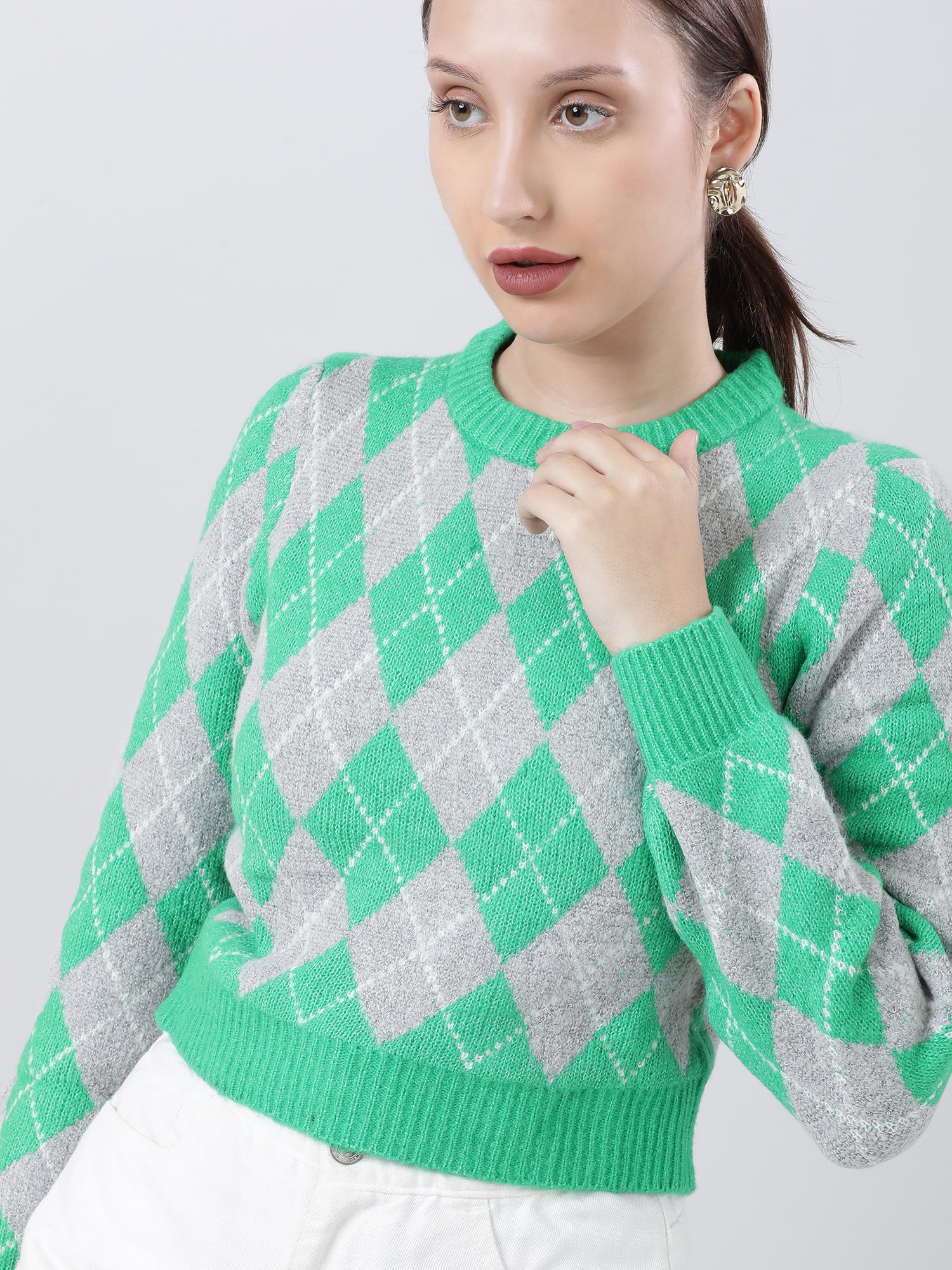 Women Slim Fit Green Geometric Sweater