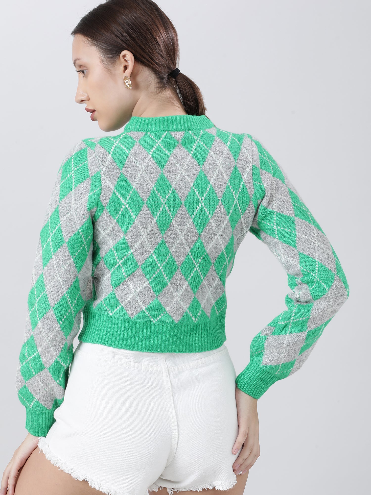 Women Slim Fit Green Geometric Sweater