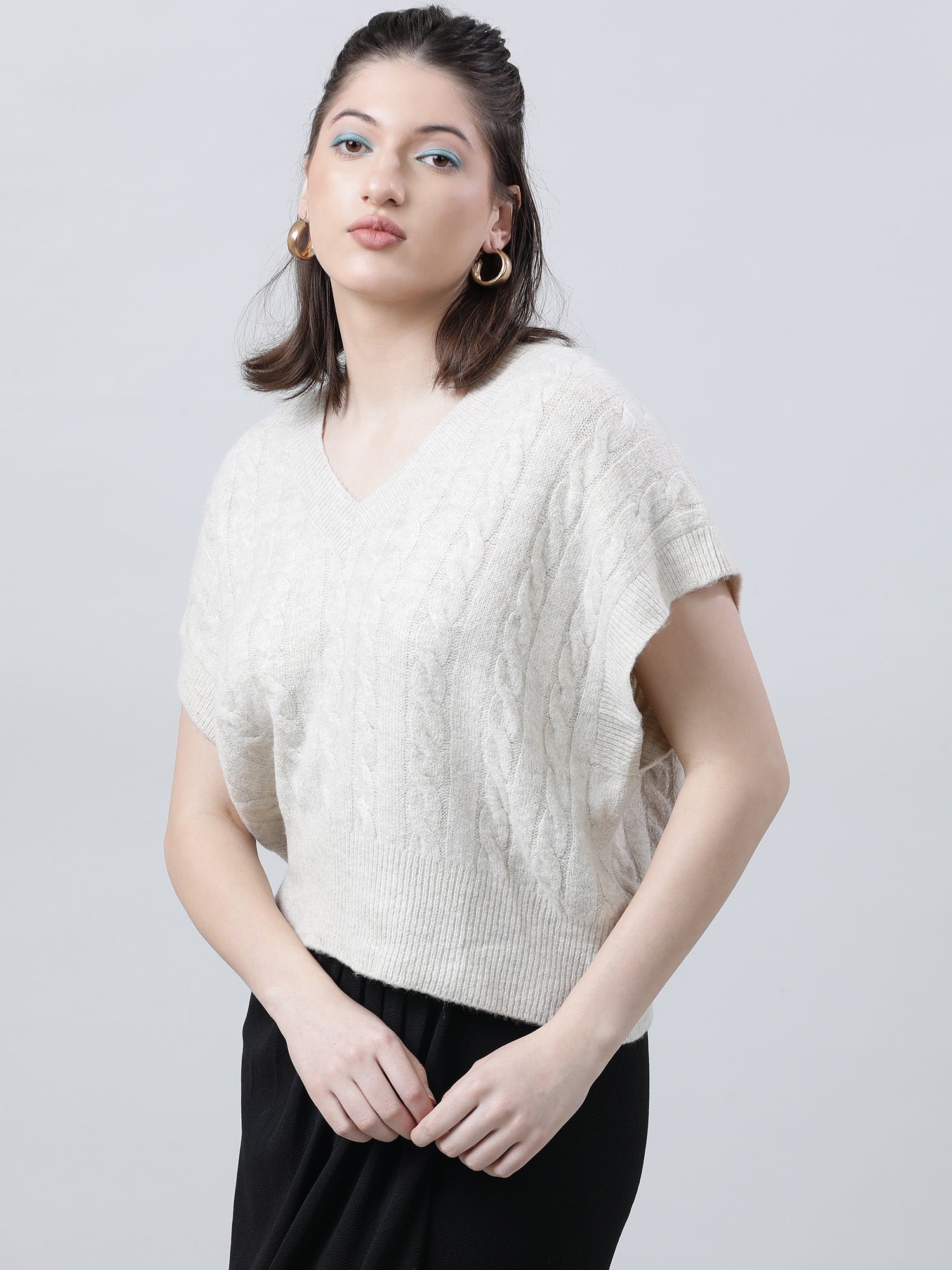 Women Relaxed Fit Knitted Grey Top