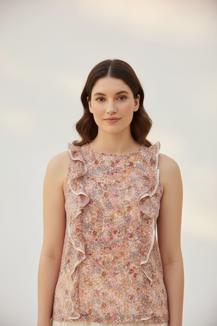 Women Printed Pink Top With Frilled Neckline