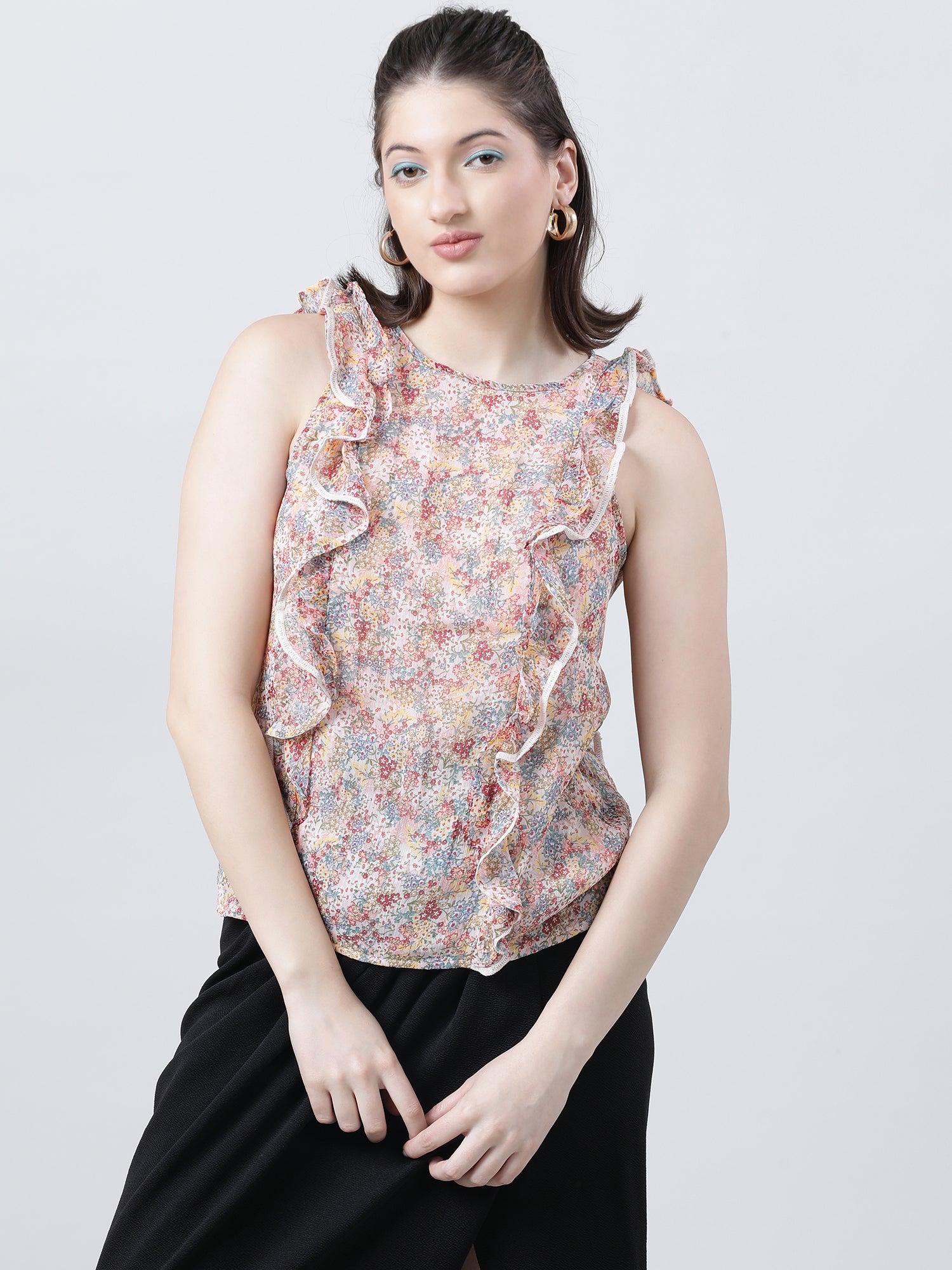 Women Regular Fit Printed Pink Top With Frilled Neckline