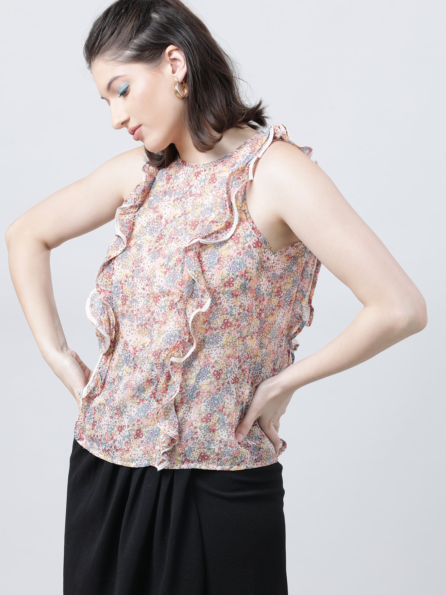 Women Regular Fit Printed Pink Top With Frilled Neckline