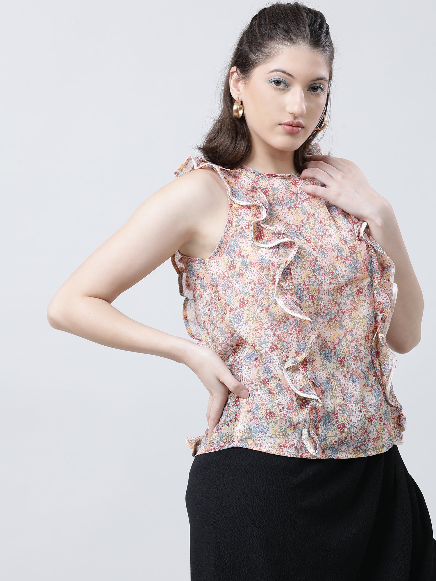 Women Regular Fit Printed Pink Top With Frilled Neckline